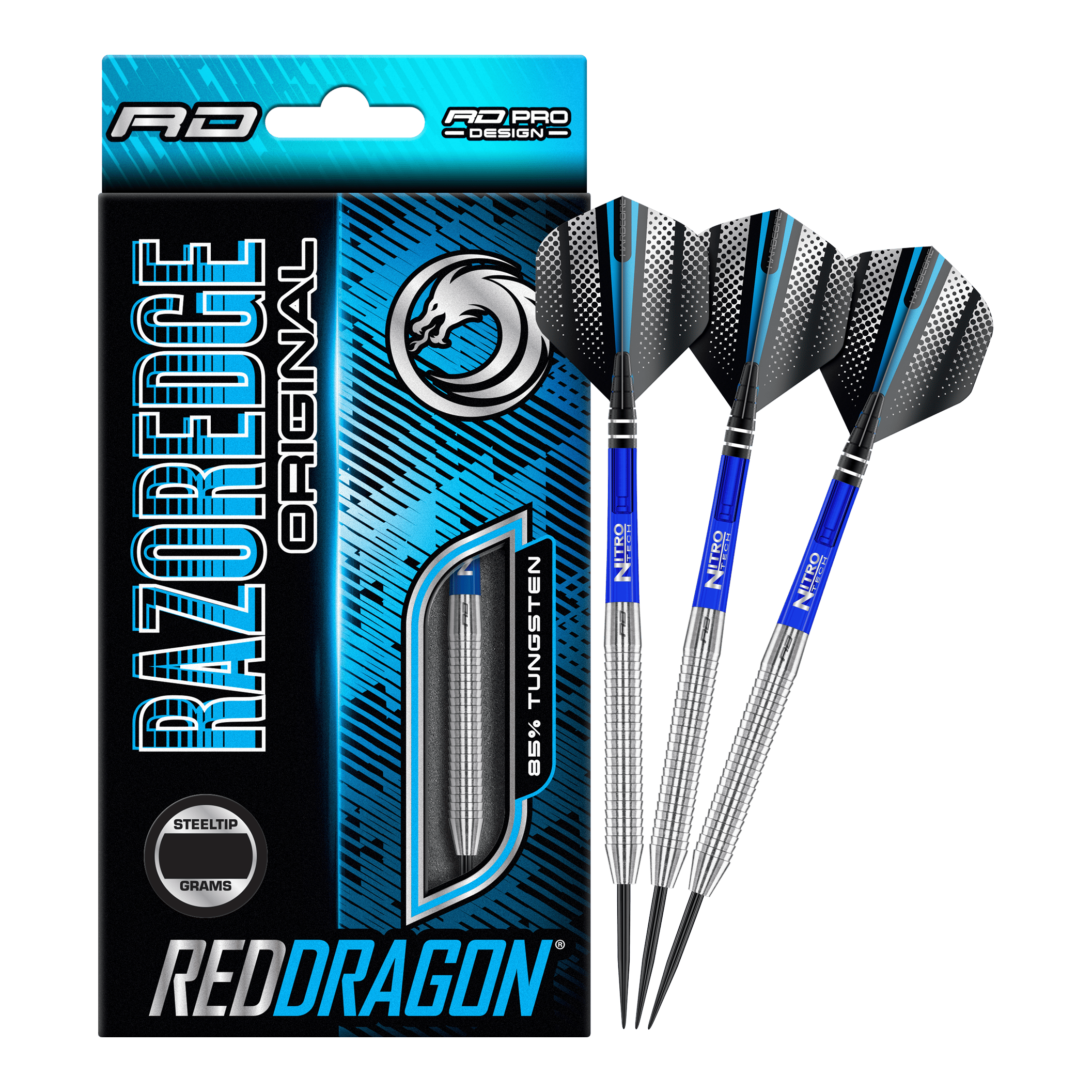 Dardos de acero originales Red Dragon Razor Edge Das Bild zeigt eine Packung „Red Dragon Razor Edge Original Steeldarts - 24g“ und drei dazugehörige Dartpfeile. Die Verpackung ist hauptsächlich blau und schwarz gestaltet und hebt den Schriftzug „RAZOREDGE ORIGINAL“ sowie „85% TUNGSTEN“ hervor.