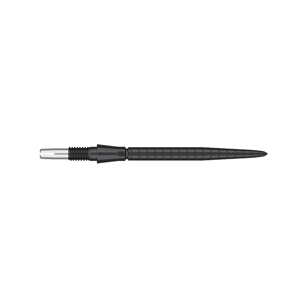 Das Bild zeigt eine schwarze Dartspitze mit feinen Rillen und einem schlanken Design. Die Spitze hat eine Länge von 30 mm und wirkt hochwertig verarbeitet.