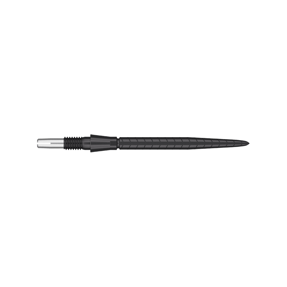 Puntas de dardos Target Swiss Storm Quartz - Negras Das Bild zeigt eine schwarze Dartspitze mit feinen Rillen und einem schlanken Design. Die Spitze hat eine Länge von 30 mm und wirkt hochwertig verarbeitet.