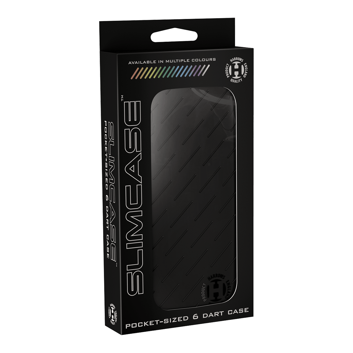 Estuche para dardos Harrows Slimcase Die Abbildung zeigt eine schwarze Slimcase Darttasche von Harrows in ihrer Verpackung. Auf der Verpackung steht, dass die Tasche taschengroß ist und bis zu 6 Darts fasst.