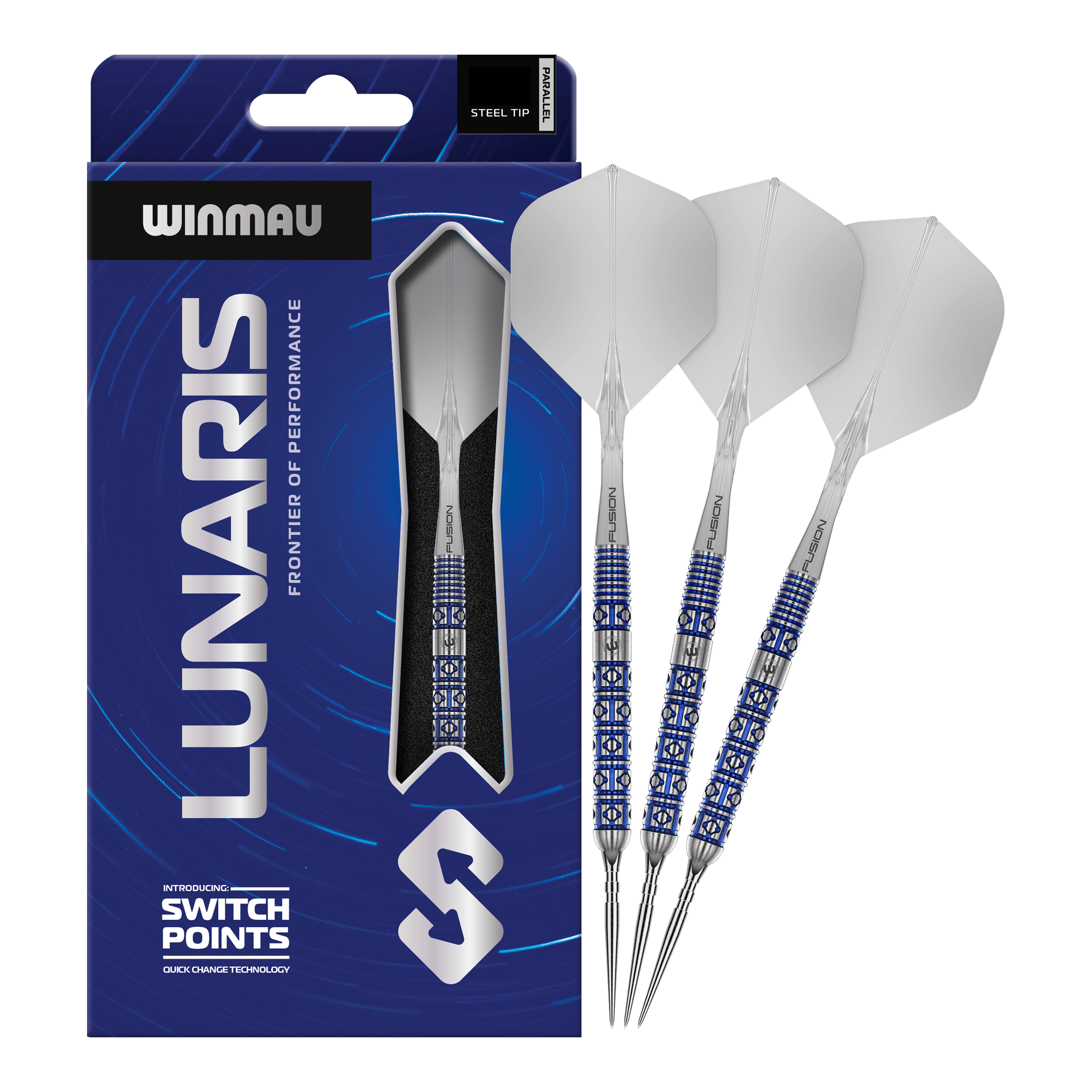 Punta de conmutación paralela Winmau Lunaris Steeldarts Zu sehen sind die Winmau Lunaris Parallel Switch Point Steeldarts in voller Länge. Das Produkt wird frontal gezeigt.