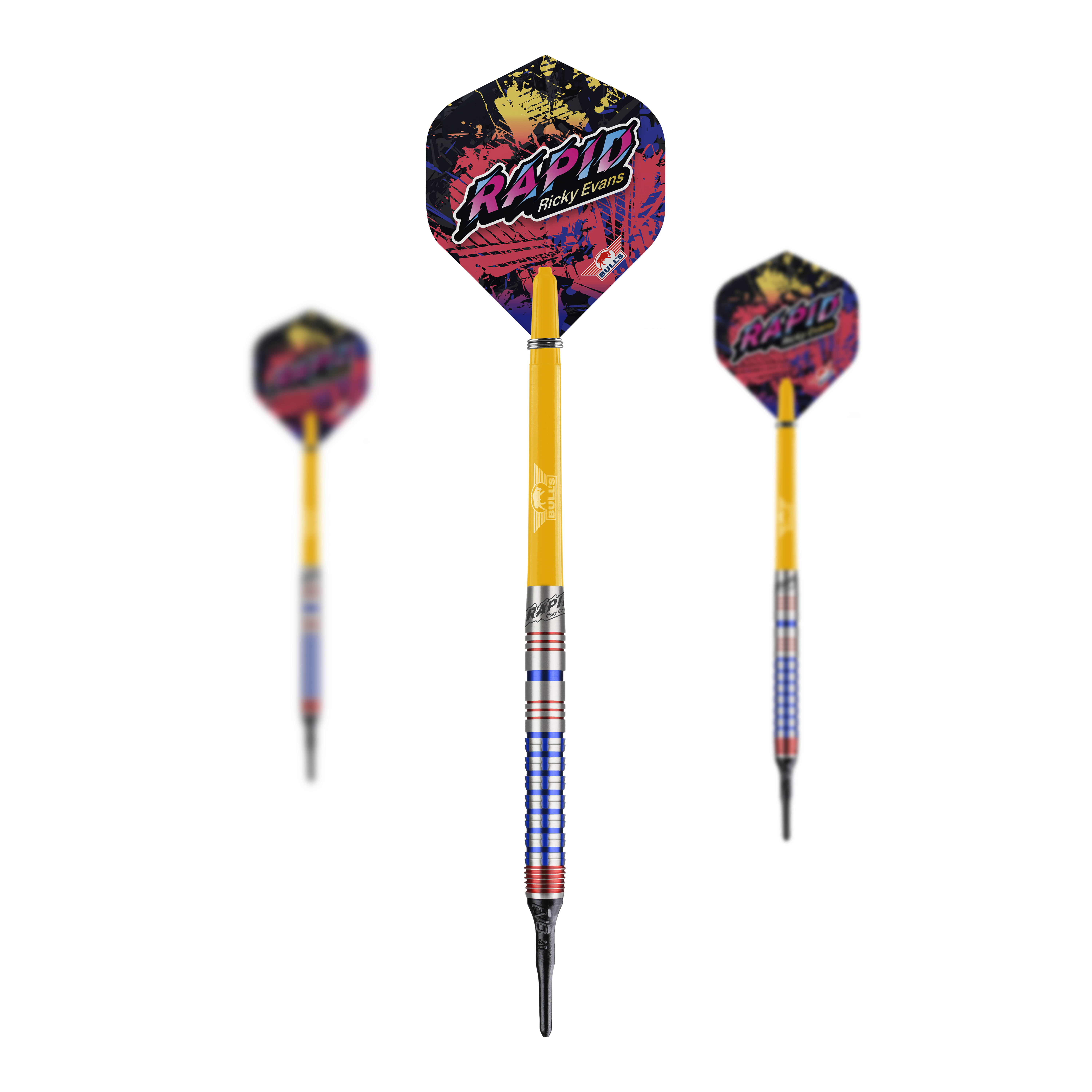 Dardos blandos Bulls NL Ricky Evans Rapid Edition One - 20 g Das Bild zeigt drei Softdarts der Marke "Bulls NL Ricky Evans Rapid Edition One" mit einem Gewicht von 20g. Die Darts sind gelb mit farbigen Flights, auf denen "Rapid Ricky Evans" steht.