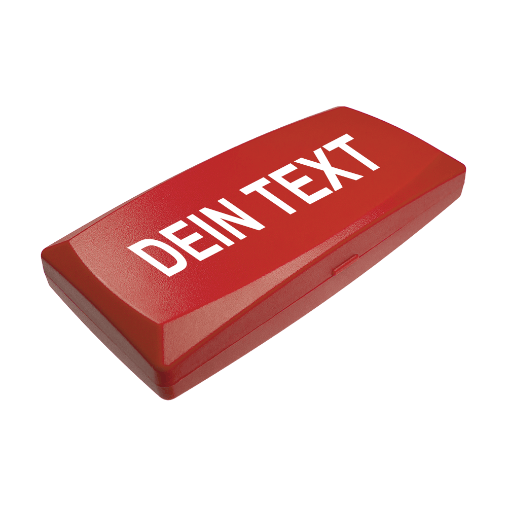 MD-ABS-Rot_W_Bedruckte_ABS_Box_Wunschtext_Rot_1cUmXkp4UJtvNn Auf dem Bild ist eine rote Kunststoffbox zu sehen. Auf der Box steht in weißen Buchstaben "DEIN TEXT".