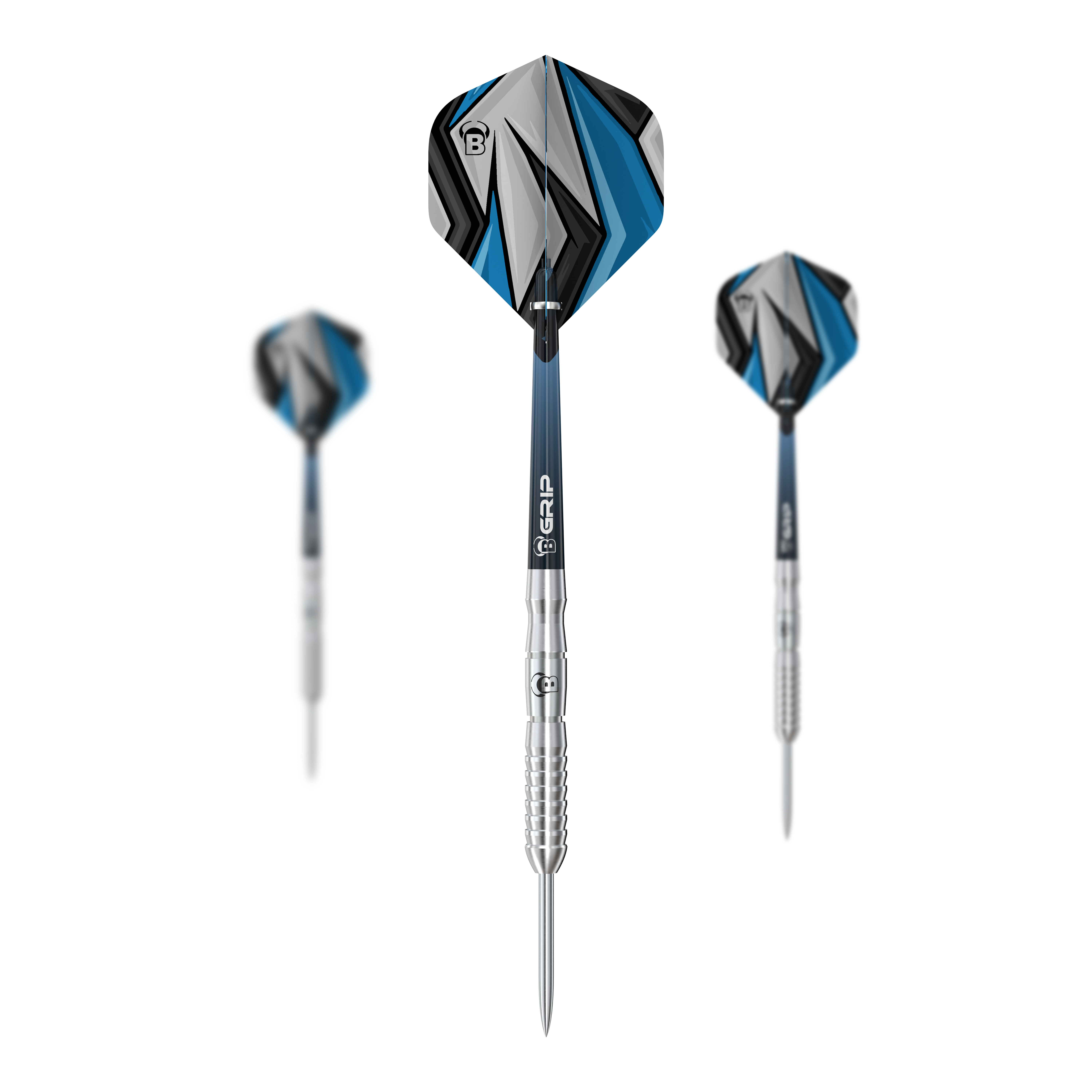 Dardos de acero Bulls Stone S3 Auf dem Bild sind drei Bulls Stone S3 Steeldarts zu sehen. Sie haben silberne Spitzen und moderne Flights in Blau, Schwarz und Grau.