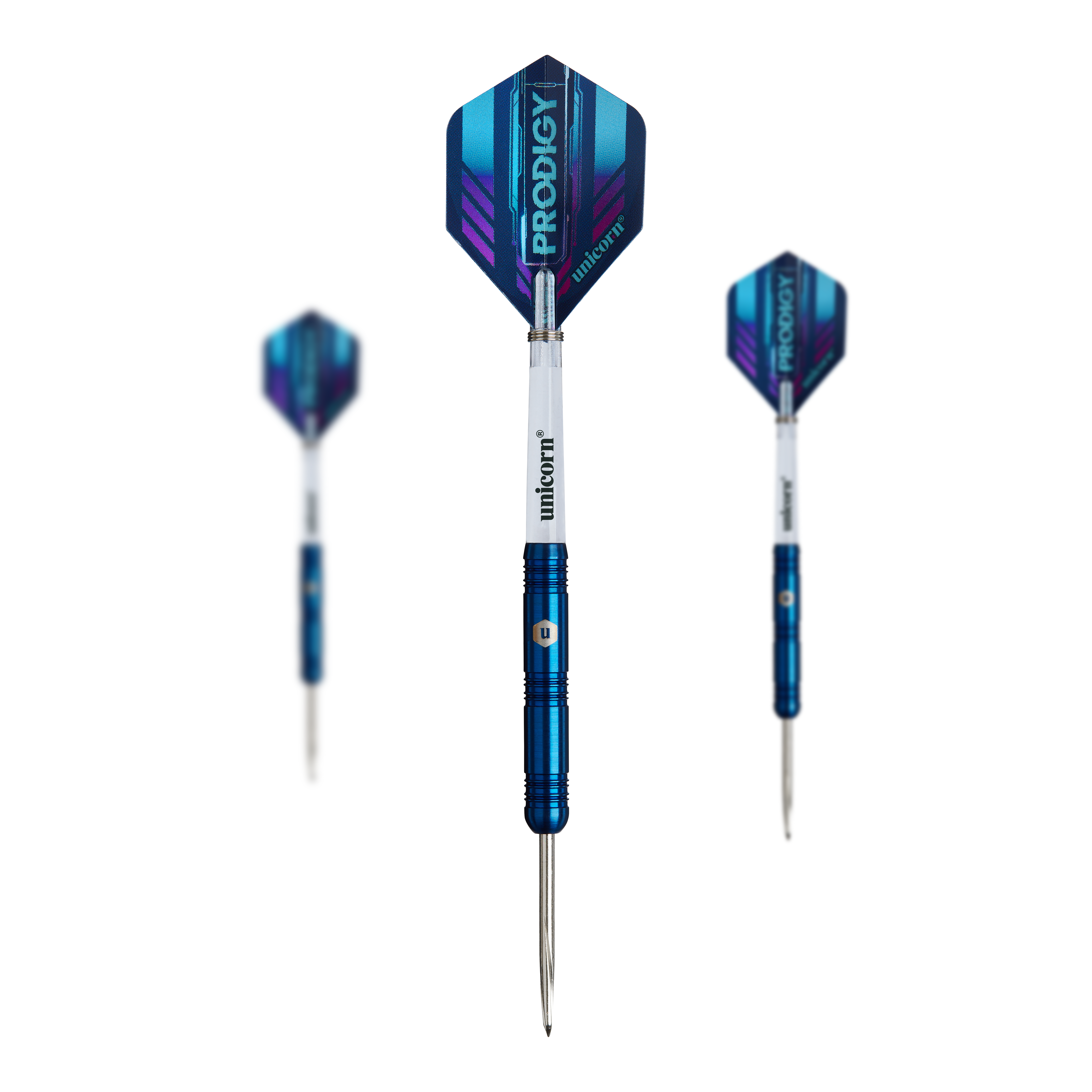 Dardos de acero paralelos Unicorn Prodigy 01 Das Bild zeigt drei Steeldarts des Produkts "Unicorn Prodigy 01 Parallel". Die Darts haben blaue Schäfte und weiße Flights mit dem Aufdruck "PRODIGY".