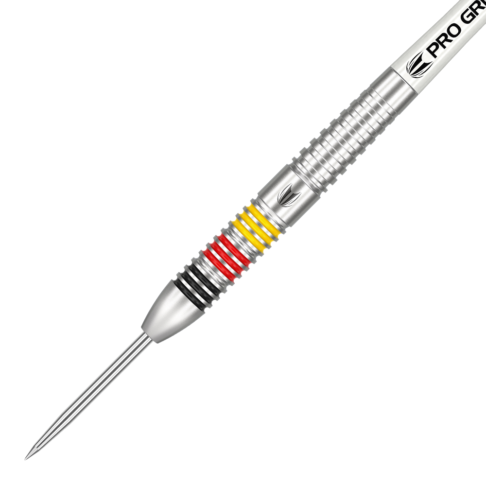 190098_Target_Gabriel_Clemens_80_Steeldarts_2 Das Bild zeigt einen Target Gabriel Clemens 80% Steeldart. Der Dartpfeil hat einen silbernen Schaft mit Ringen in den Farben Schwarz, Rot und Gelb.