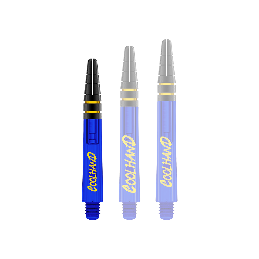 Flechas Red Dragon Nitrotech Luke Humphries Coolhand - Azul Auf dem Bild sind drei blaue Dartschäfte mit gelbem Schriftzug "COOLHAND" zu sehen. Oben haben sie schwarze Rillen mit goldenen Ringen.