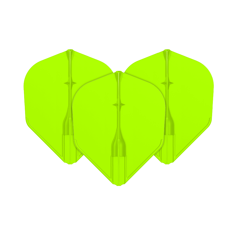 Vuelos L-L-Style3EZ Auf dem Bild sind drei neon-grüne Dart-Flights zu sehen. Sie sind nebeneinander angeordnet und haben eine klassische Pfeilform.