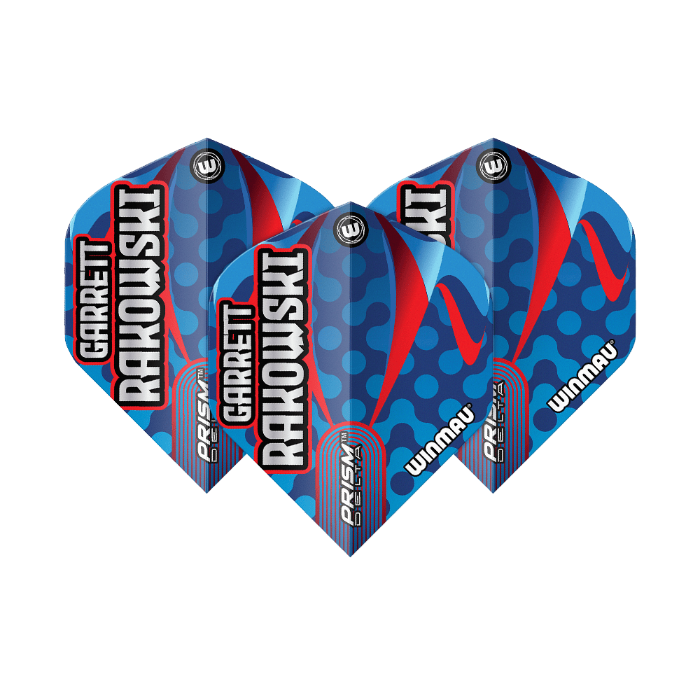 Vuelos estándar Winmau Prism Delta Garrett Rakowski Das Bild zeigt die Winmau Prism Delta Garrett Rakowski Standard Flights. Die Flights sind blau mit roten und hellblauen Akzenten sowie dem Namen "Garrett Rakowski" darauf.