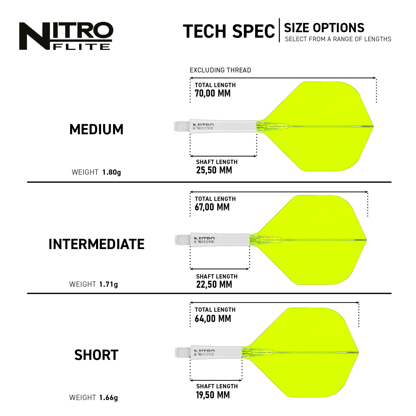 Das Bild zeigt die Produktvarianten "Red Dragon Nitroflite - White Shaft Yellow No2 Flights" in drei verschiedenen Längen: Medium, Intermediate und Short. Für jede Variante sind die Gesamtlänge, die Schaftlänge und das Gewicht angegeben.