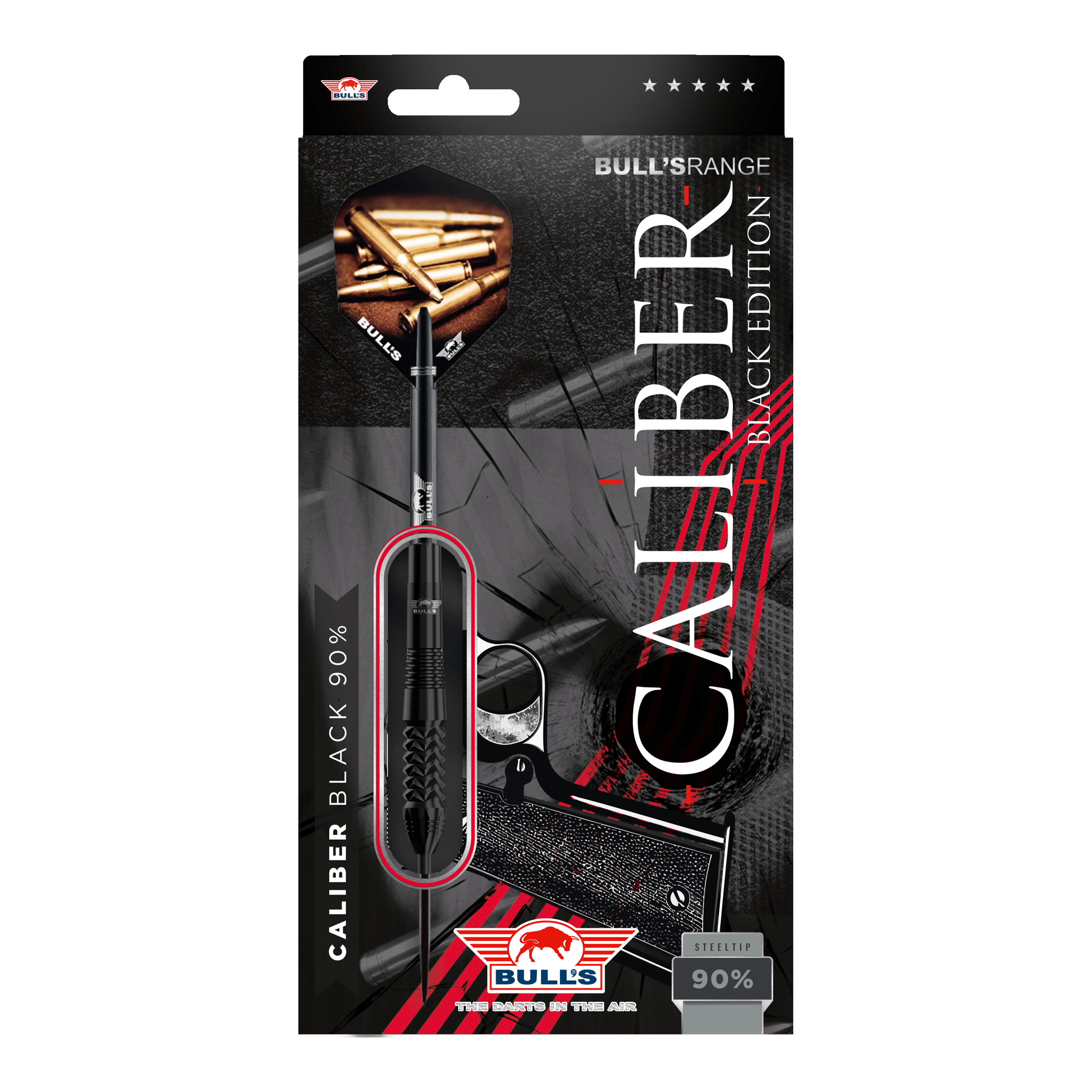 Dardos de acero Bulls NL Caliber Black Das Bild zeigt die Verpackung der "Bulls NL Caliber Black Steeldarts". Die Verpackung ist schwarz gestaltet und hebt die Steeldarts sowie den Schriftzug "Caliber Black Edition" hervor.