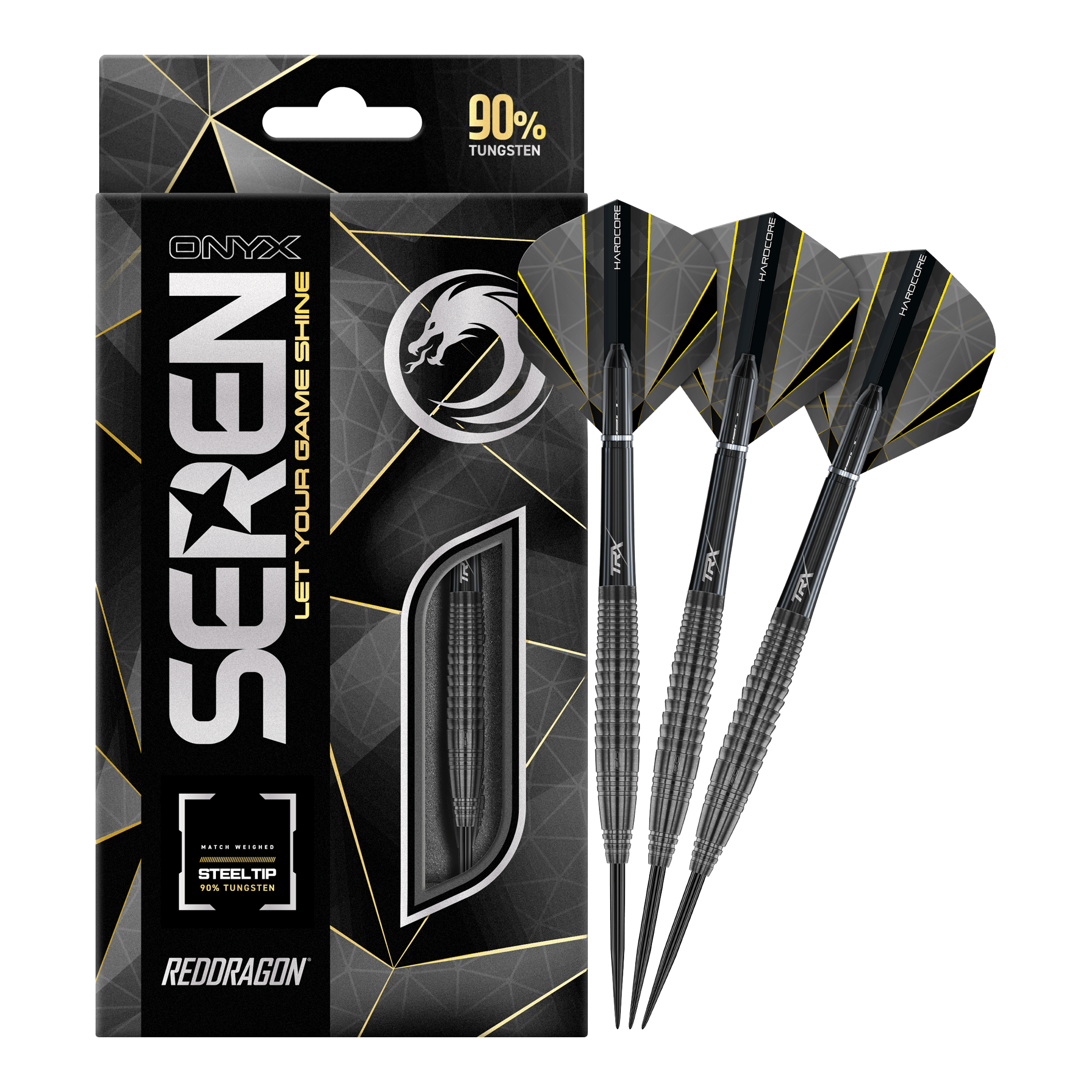 Red Dragon Seren 4 Dardos de Acero de Ónix Das Bild zeigt die Verpackung und drei Steeldarts des Produkts "Red Dragon Seren 4 Onyx". Die Darts bestehen zu 90% aus Wolfram und haben ein modernes, schwarzes Design.