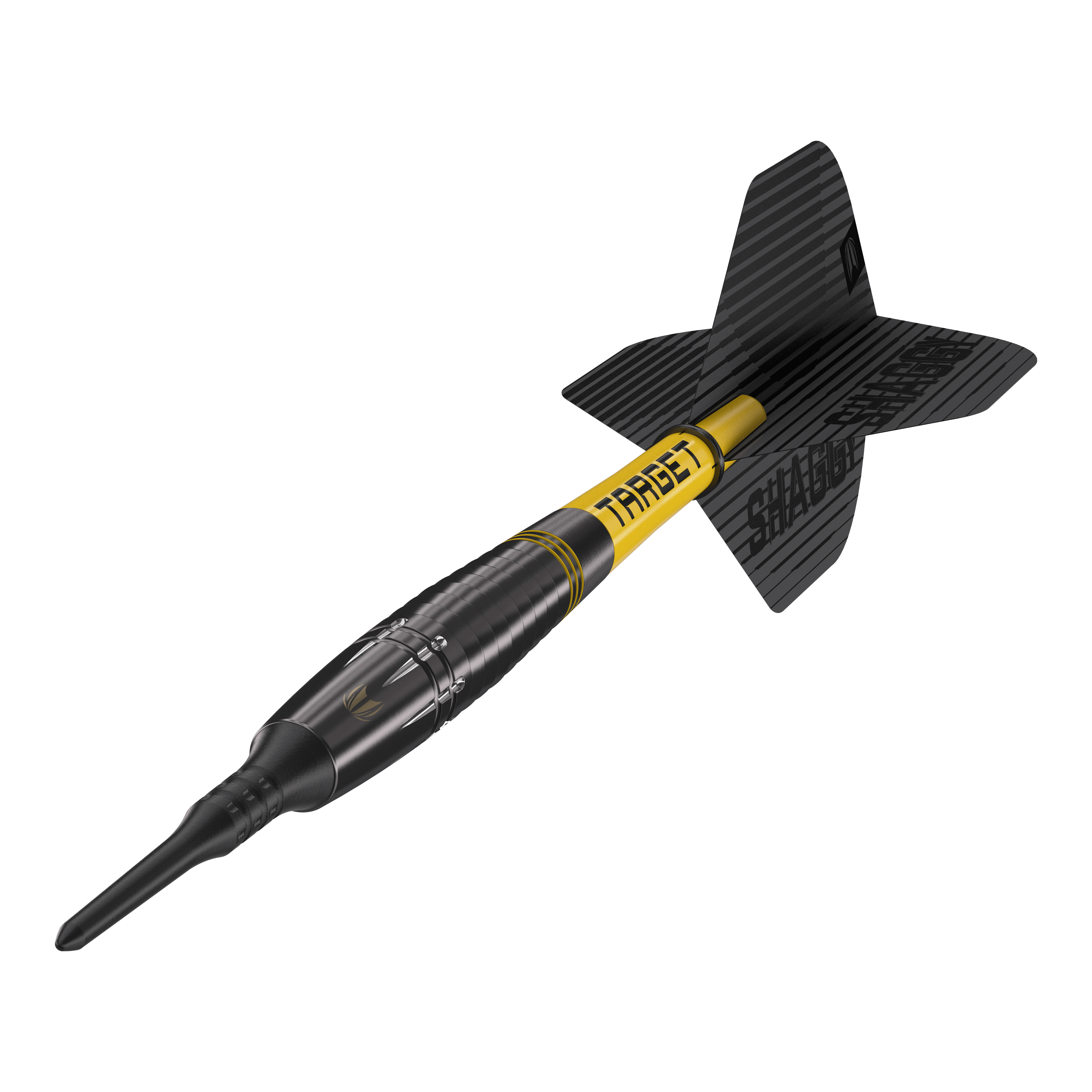 Dardos Target Scott Williams Shaggy negros suaves - 20 g Das Bild zeigt einen schwarzen Softdart mit gelbem Schriftzug „TARGET“ und der Aufschrift „SHAGGY“ auf der Flight. Es handelt sich um das Produkt „Target Scott Williams Shaggy Black Softdarts – 20g“.