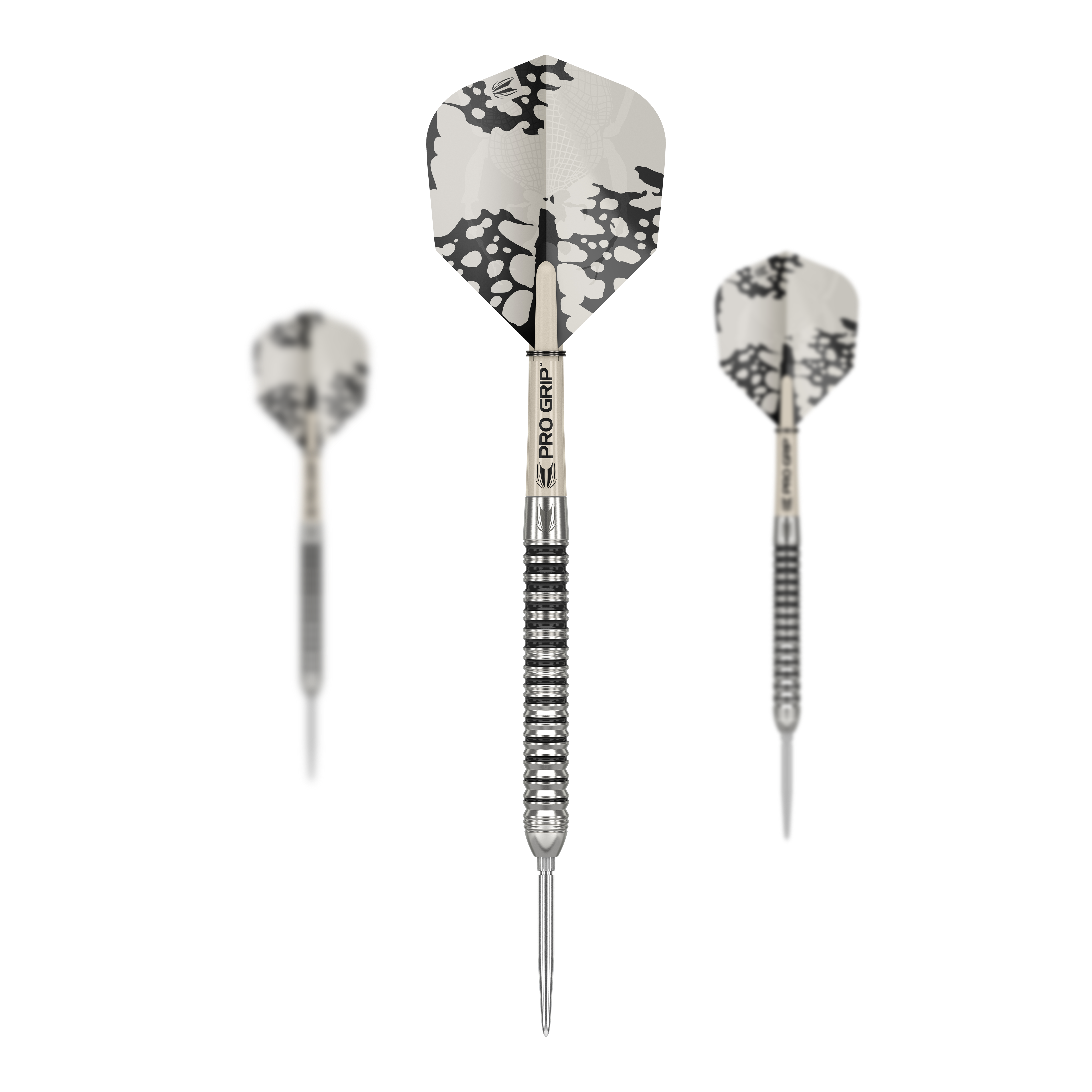 Dardos de acero Target EXO SP01 Swiss Point Das Bild zeigt die Target EXO SP01 Swiss Point Steeldarts mit schwarz-silbernem Design. Drei Darts mit strukturierten Griffen und auffälligen Flights sind zu sehen.