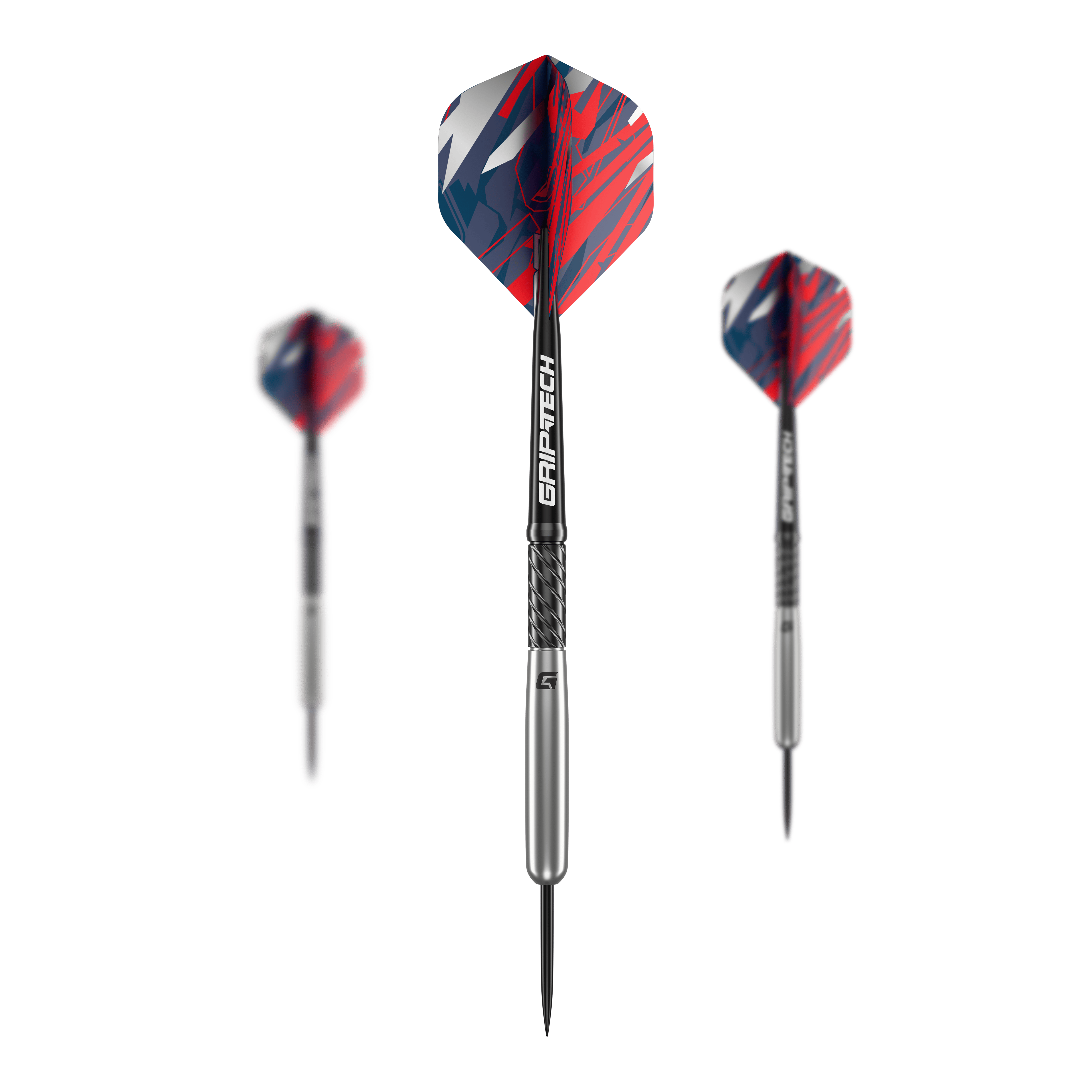 Dardos de béisbol de acero de tungsteno GOAT Homerun Das Bild zeigt drei GOAT Homerun Baseball Tungsten Steeldarts mit silbernem Schaft und bunten, rot-blauen Flights. Die Darts sind modern gestaltet und heben sich durch das auffällige Design ab.