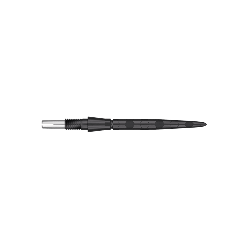 Puntas de dardos Target Swiss Storm Onyx Point - Negras Das Bild zeigt eine schwarze Dartspitze mit einem modernen, strukturierten Design. Sie ist schmal und hat feine Rillen sowie ein sechseckiges Muster auf dem Schaft.