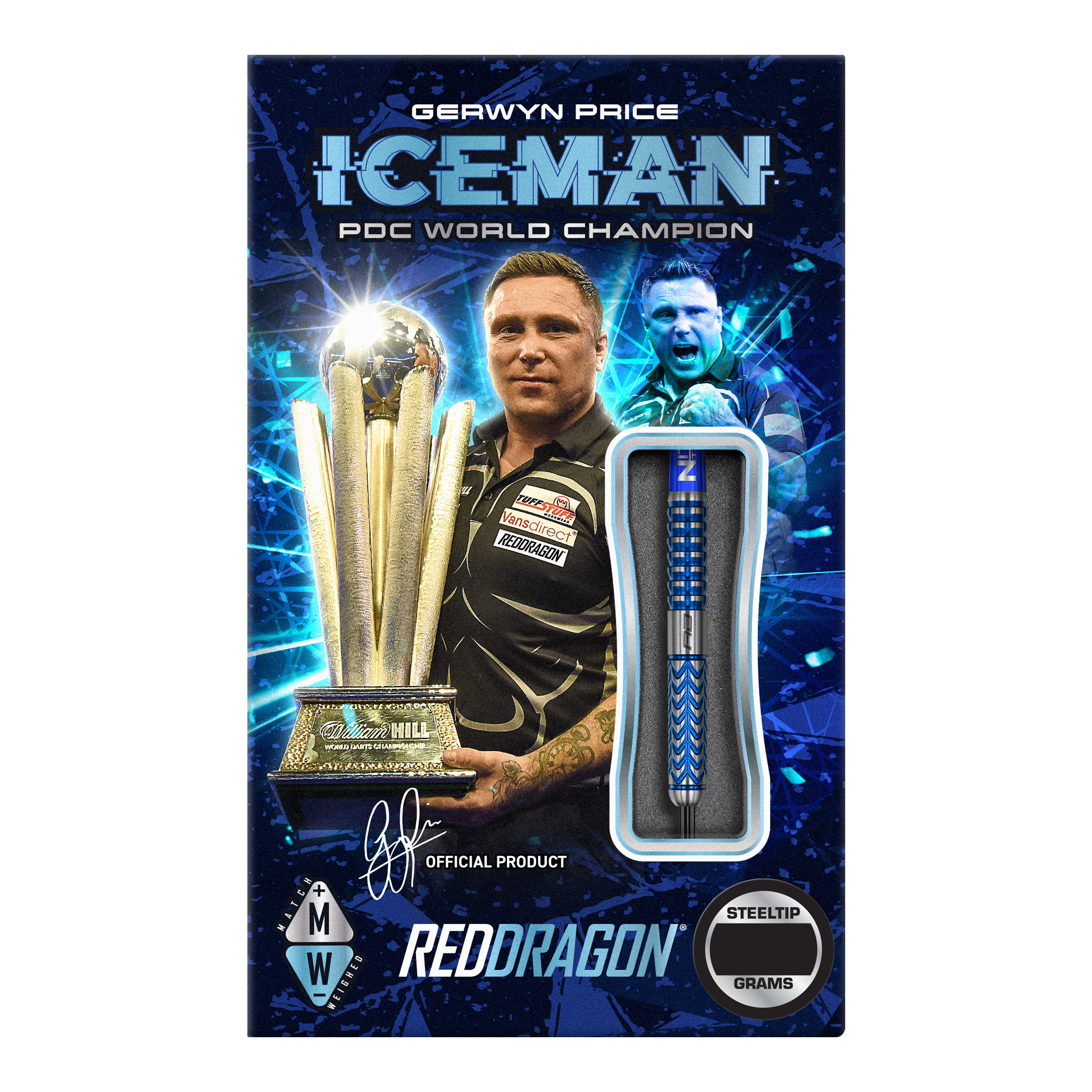 Dardos de acero Red Dragon Gerwyn Price Glacier Das Bild zeigt die Verpackung der "Red Dragon Gerwyn Price Glacier Steeldarts". Auf der Verpackung sind Gerwyn Price, ein großer Pokal und ein Steeldart abgebildet.