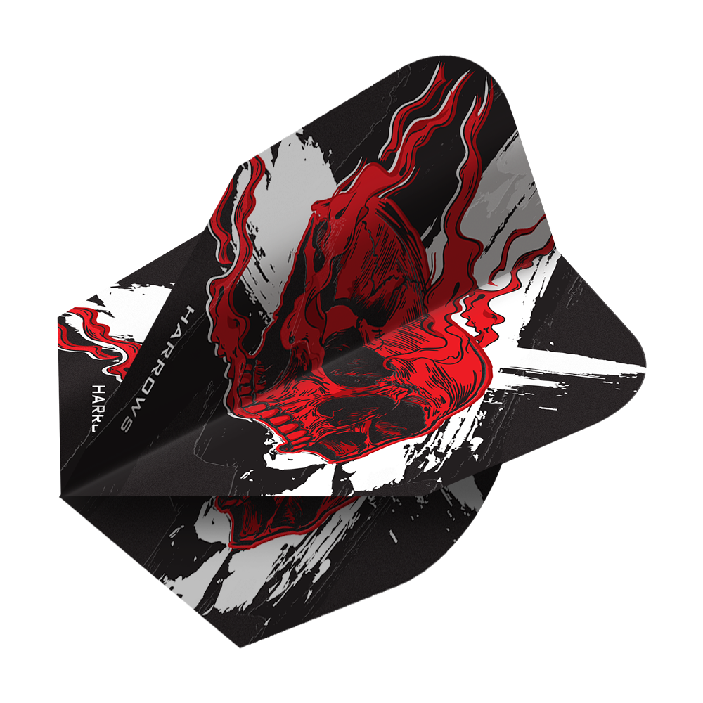 Hier sehen Sie die Harrows Ryan Searle Heavy Metal No6 Flights. Das Produkt besteht aus robusten Dart-Flights mit auffälligem Motiv.