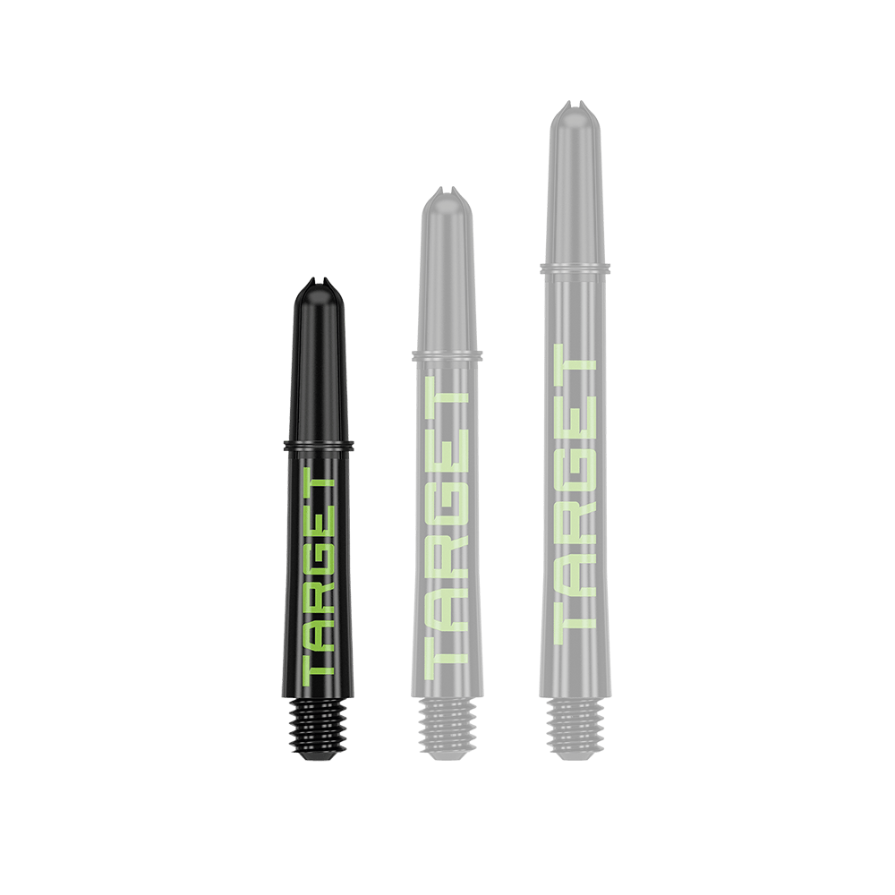 Varillas Target Pro Grip TAG - 3 juegos - Negro Verde Ein Dart-Schaft in schwarzer Grundfarbe wird einzeln abgebildet. Die Akzentfarbe hebt das Produkt hervor.