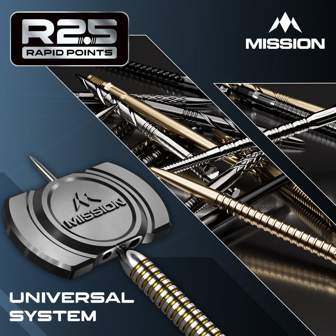 Puntas de dardo Mission R2.5 Rapid Point DSX - Plateadas Die Abbildung zeigt die Mission R2.5 Rapid Point GV1 Dartspitzen in Silber. Es sind speziell designte Dartspitzen für Präzision und Haltbarkeit.
