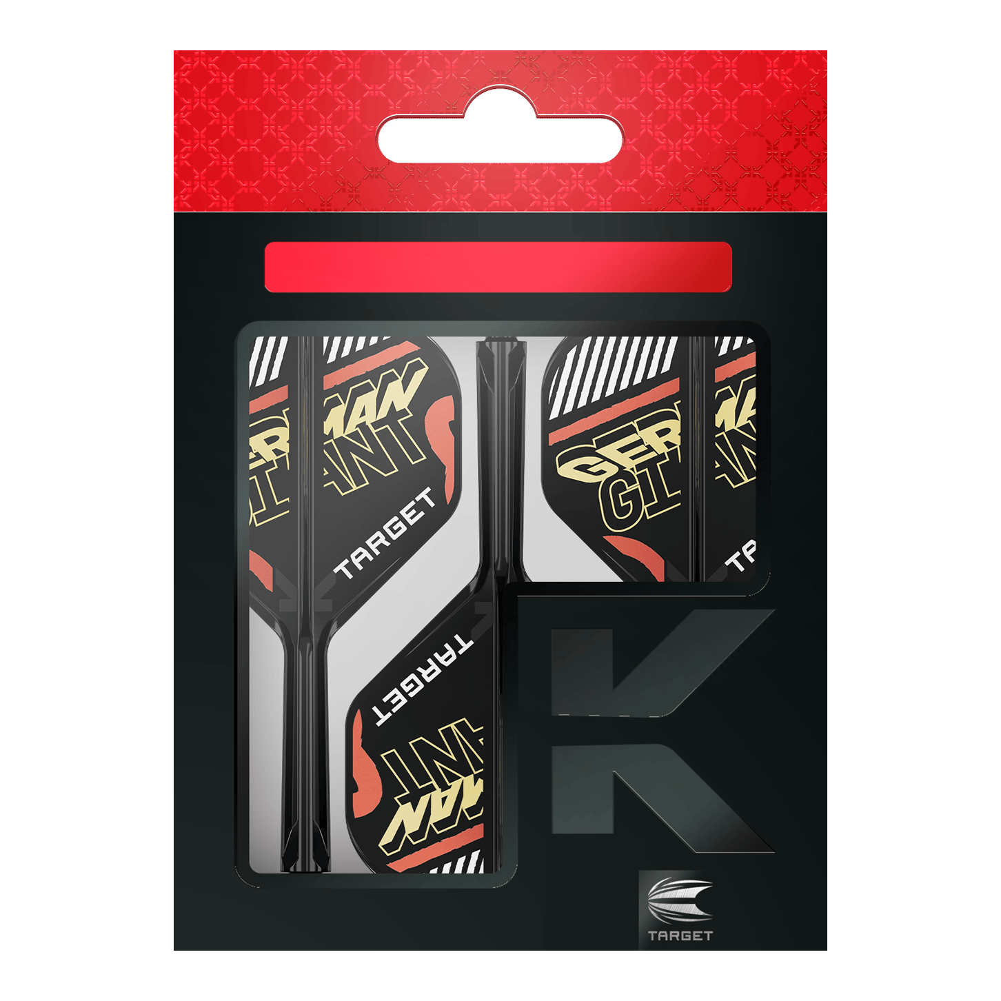 Sistema de eje de vuelo estándar Target K-Flex Gabriel Clemens No2 Auf dem Bild ist eine Verpackung mit Dart-Flights und Schäften der Marke Target zu sehen. Auf den Flights steht in gelber Schrift "GERMAN GIANT".