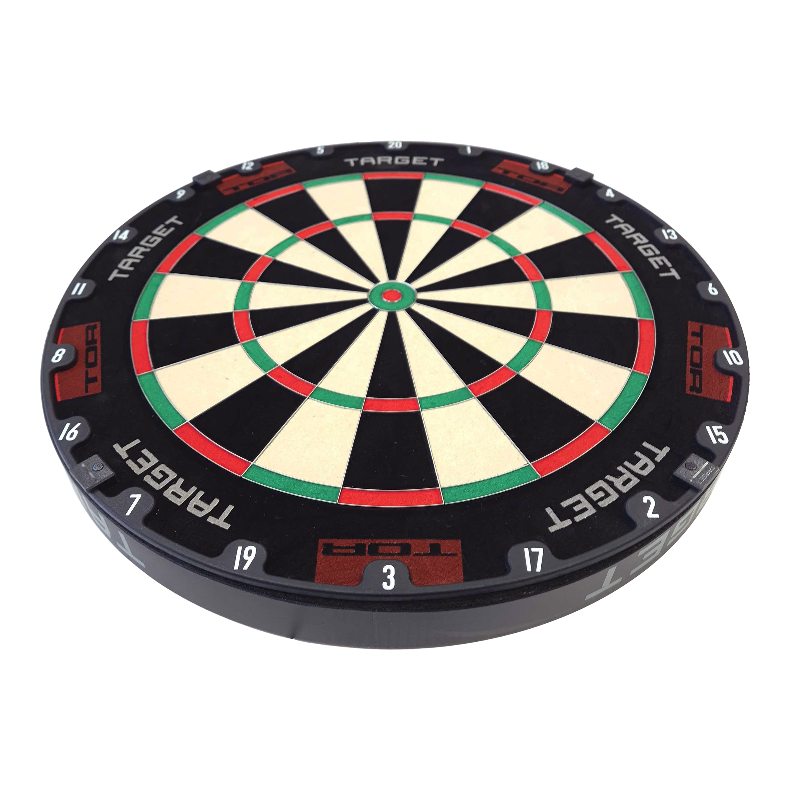 Diana de acero Target TOR Das Bild zeigt eine Target TOR Steeldartboard. Die Dartscheibe hat ein klassisches Design mit schwarzen, weißen, roten und grünen Feldern.