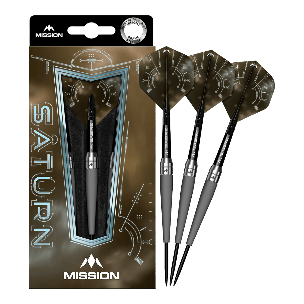 Dardos de acero Mission Saturn Titan Das Bild zeigt das Produkt "Mission Saturn Titan Steeldarts" in seiner Verpackung. Neben der Verpackung sind drei Steeldarts mit dunklen Flights zu sehen.