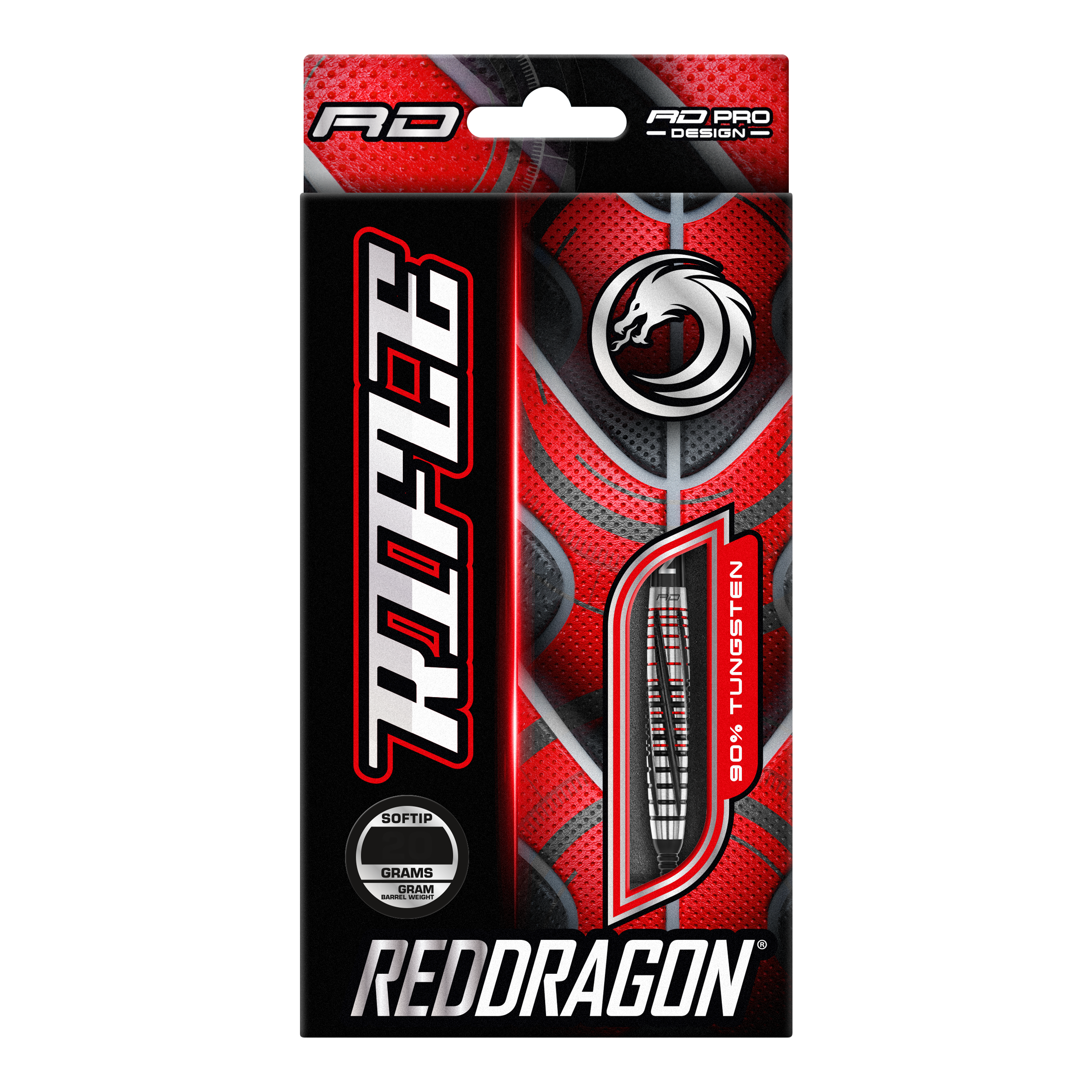 Dardos blandos Red Dragon Rifle - 20 g Die Abbildung zeigt die Verpackung der "Red Dragon Rifle Softdarts - 20g". Das Design ist auffällig in Rot und Schwarz gehalten und zeigt eine Abbildung eines Dartpfeils.