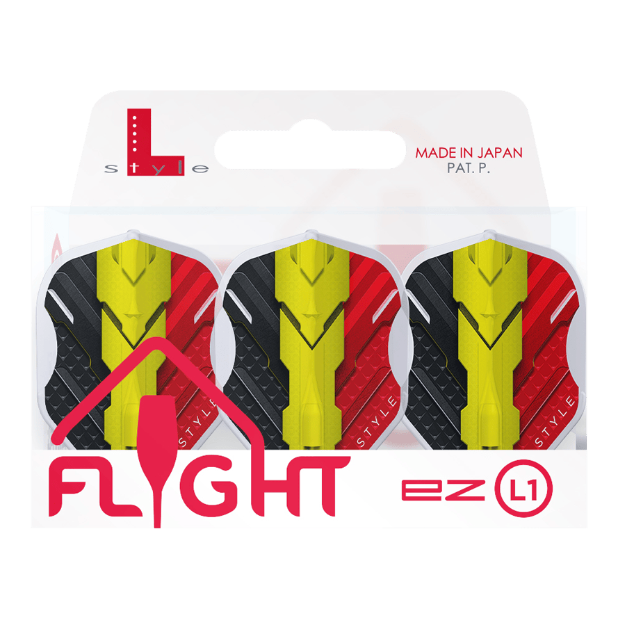 Vuelos L-Style V-Series V1 Tipo C Bélgica Blanco transparente L1EZ Das Bild zeigt eine Packung mit drei L-Style V-Series V1 Type C Belgium Clear White L1EZ Flights. Die Flights sind in den Farben Schwarz, Gelb und Rot gestaltet und werden in einer Verpackung mit der Aufschrift "Made in Japan" präsentiert.