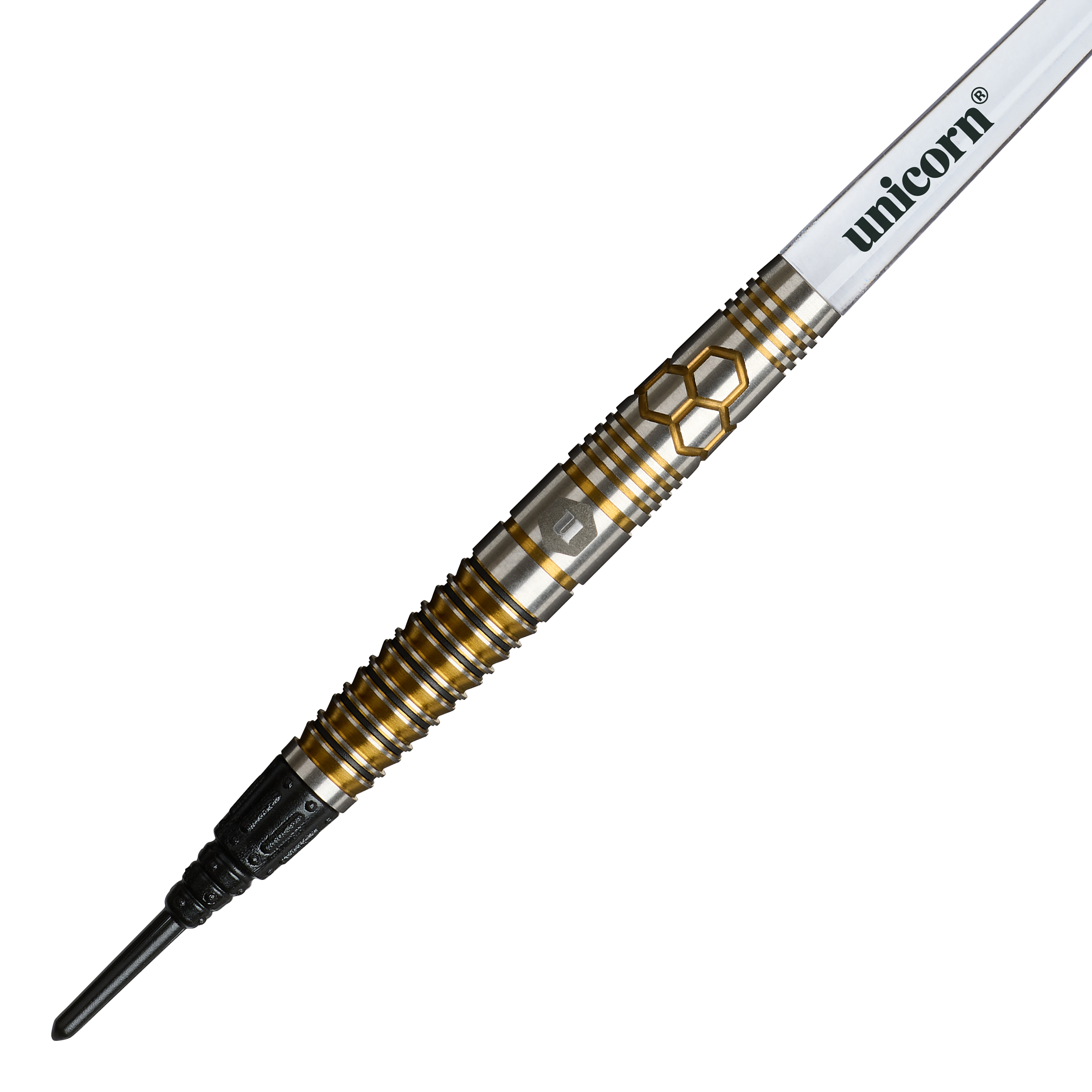 Dardos blandos Unicorn Hexium Style 03 dorados y negros - 23 g Das Foto zeigt Unicorn Hexium Style 03 Gold & Black Softdarts, 23g. Die Darts haben ein modernes Muster in Gold und Schwarz.