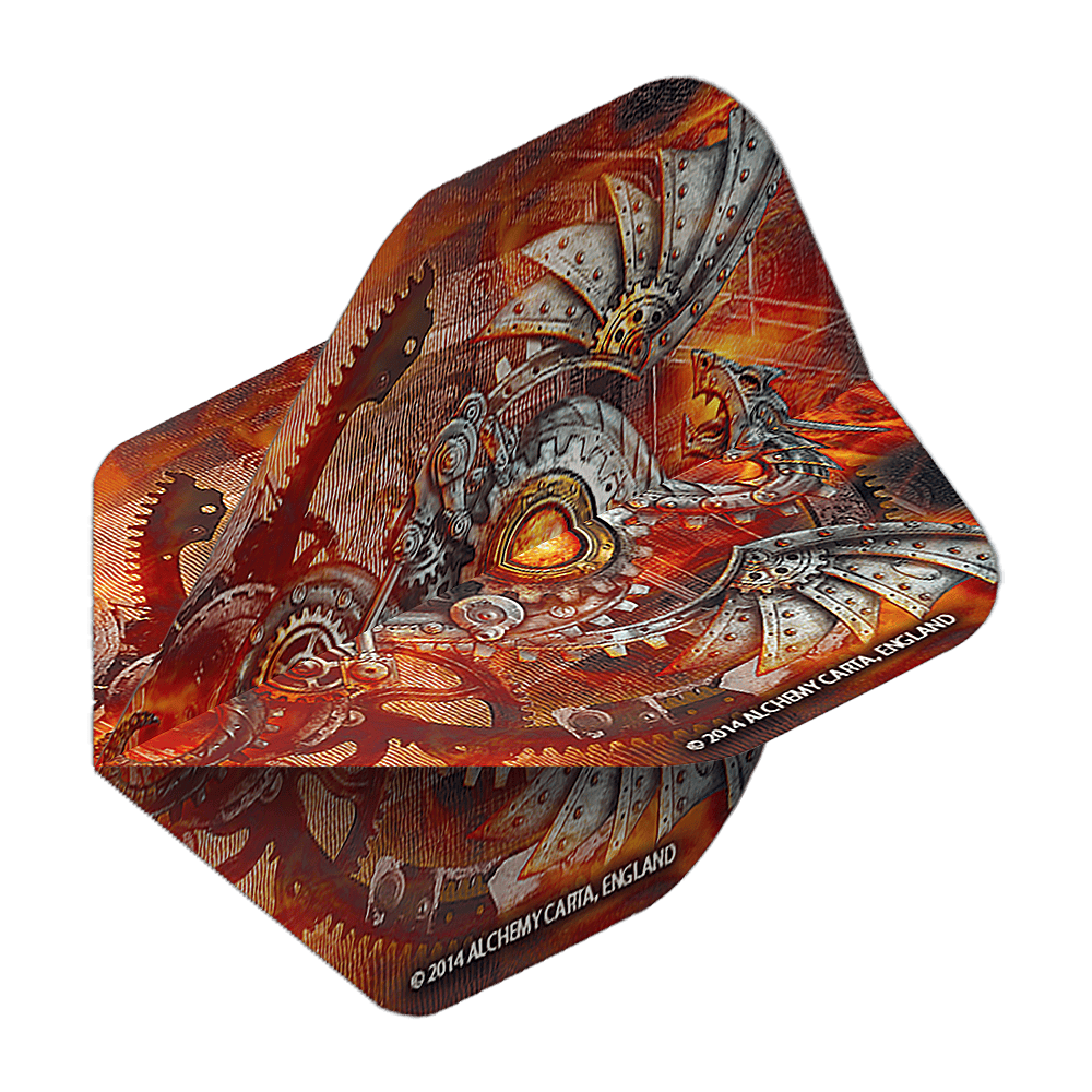 Alchemy Tech Dragon No2 Vuelos Estándar Das Bild zeigt ein Dart-Flight mit einem detailreichen, mechanischen Drachenmotiv in Rot- und Metalltönen. Auf dem Flight steht "2014 ALCHEMY CARTA, ENGLAND" geschrieben.