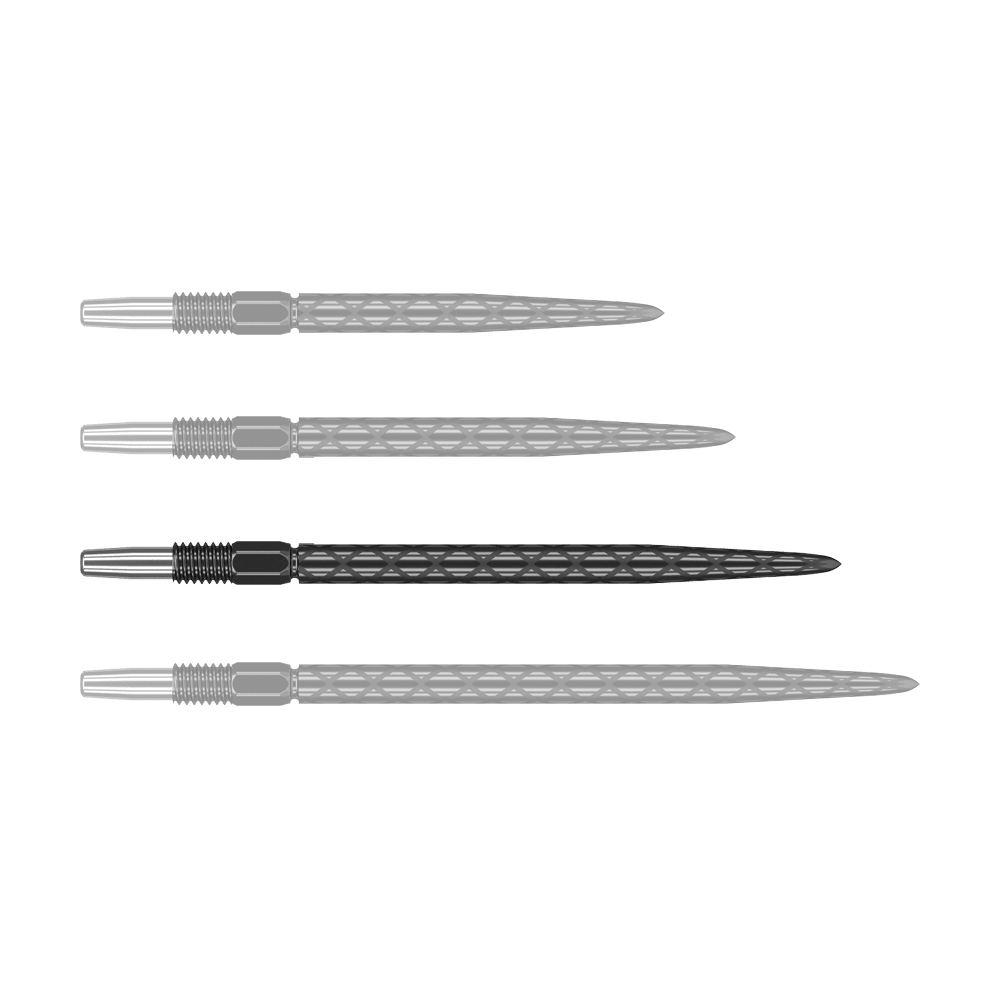 Puntas de dardos Target Swiss Diamond Pro Black Points Das Bild zeigt vier schwarze Dartspitzen mit einem rautenförmigen Muster. Sie sind nebeneinander auf weißem Hintergrund angeordnet.