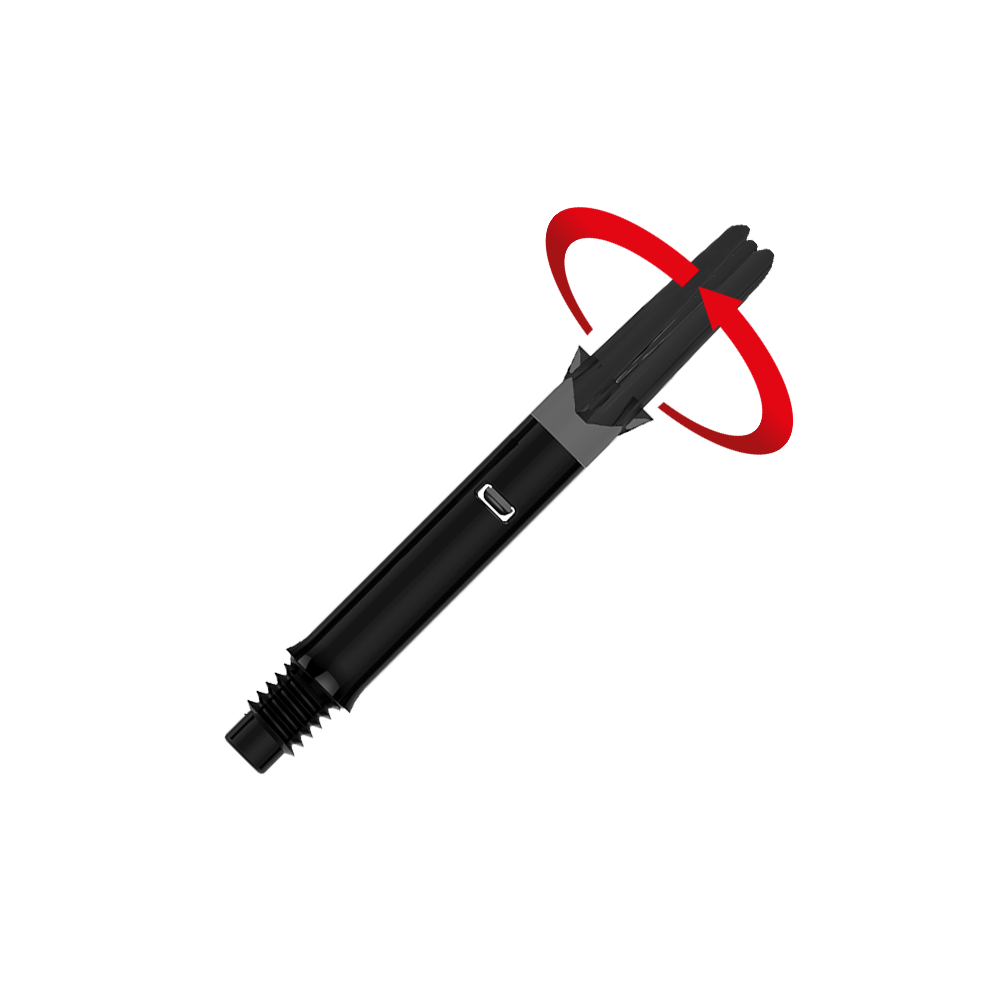 Ejes L-Style silenciosos rectos - Negro Das Bild zeigt einen schwarzen, geraden Dart-Schaft ohne Kappen. Ein roter Pfeil deutet eine Drehbewegung am oberen Ende des Schafts an.