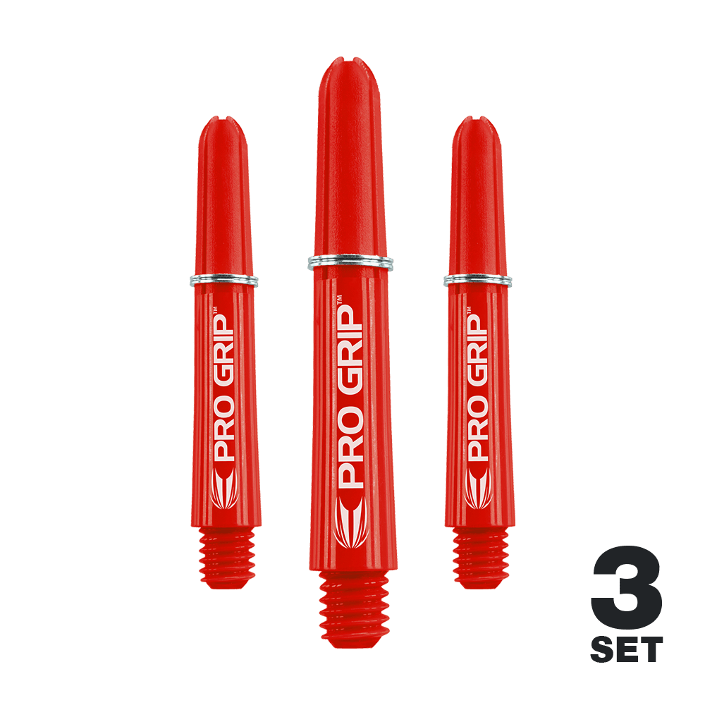 Varillas Target Pro Grip - 3 juegos - Rojas Das Bild zeigt drei rote Pro Grip Dart-Schäfte, die nebeneinander stehen. In der rechten unteren Ecke steht "3 Set".