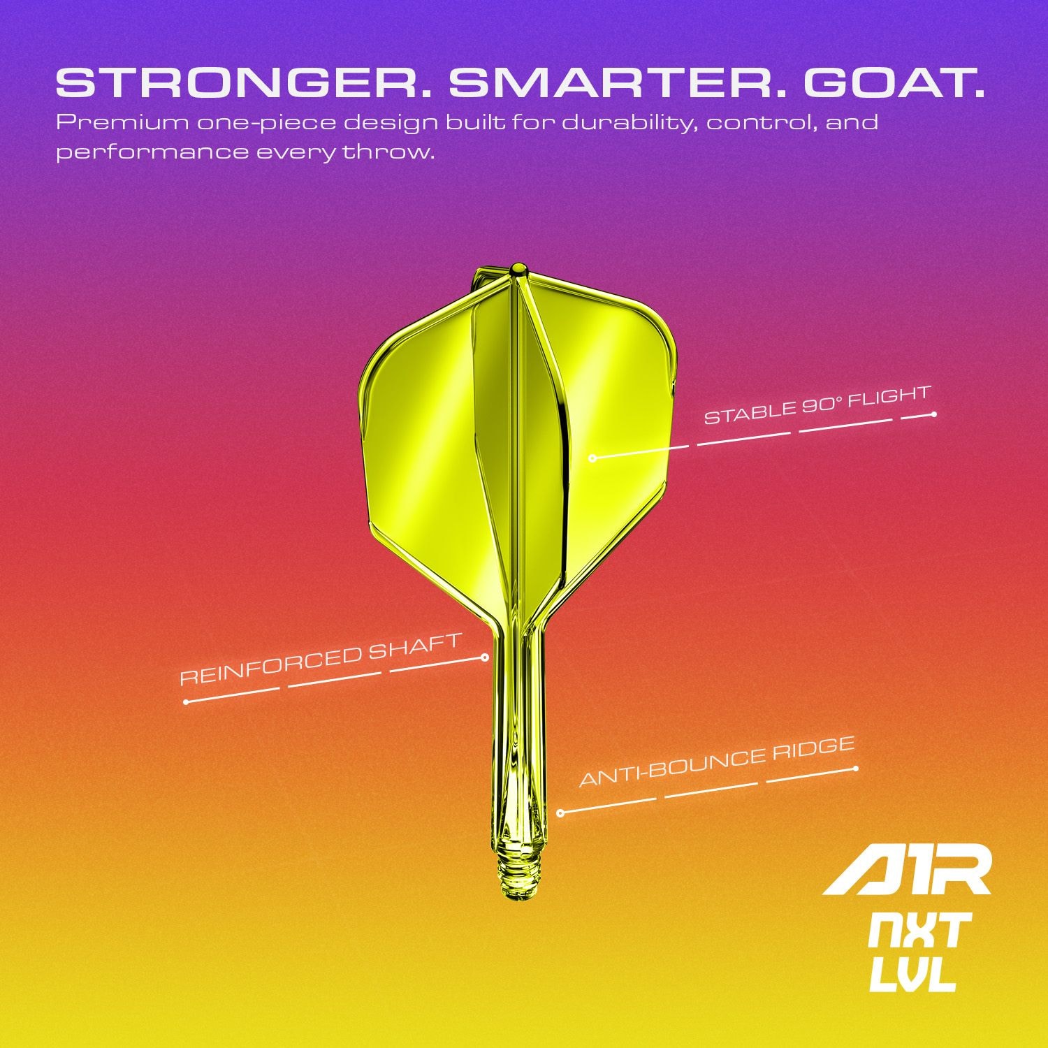 Sistema de eje de vuelo GOAT A1R No6 - Amarillo neón Das Bild zeigt das GOAT A1R No6 Flight-Shaft-System in Neon Gelb aus einer anderen Perspektive. Das Produkt ist für Dartspieler geeignet.