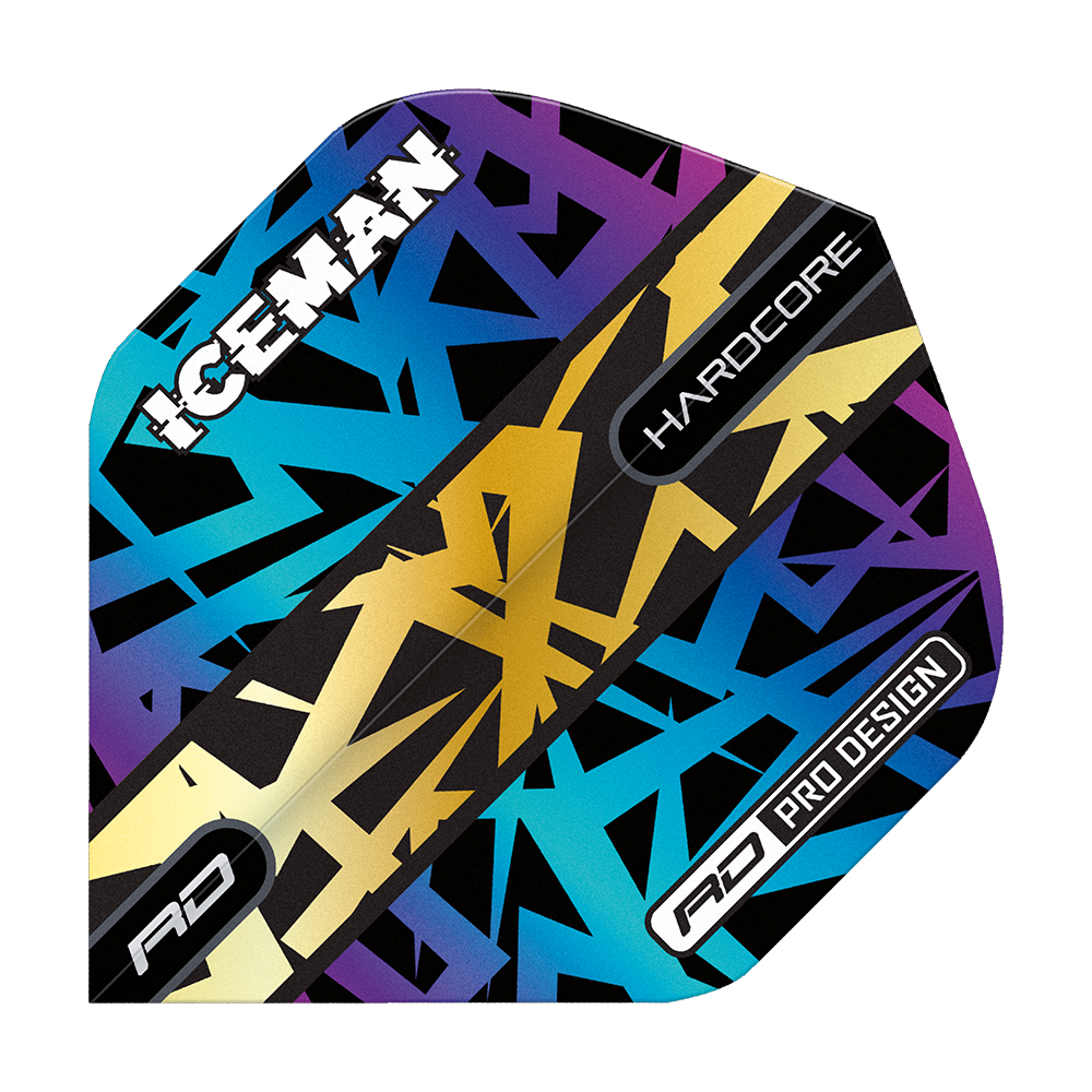 TF6826_Red_Dragon_Hardcore_Gerwyn_Price_Rainbow_Gold_Standard_Flights_1fOdtXX1SJg6sg Das Bild zeigt einen bunten Dartflight mit dem Schriftzug "ICEMAN" und auffälligen geometrischen Mustern in Blau, Lila und Gold. Auf dem Flight stehen außerdem die Begriffe "HARDCORE" und "RD PRO DESIGN".