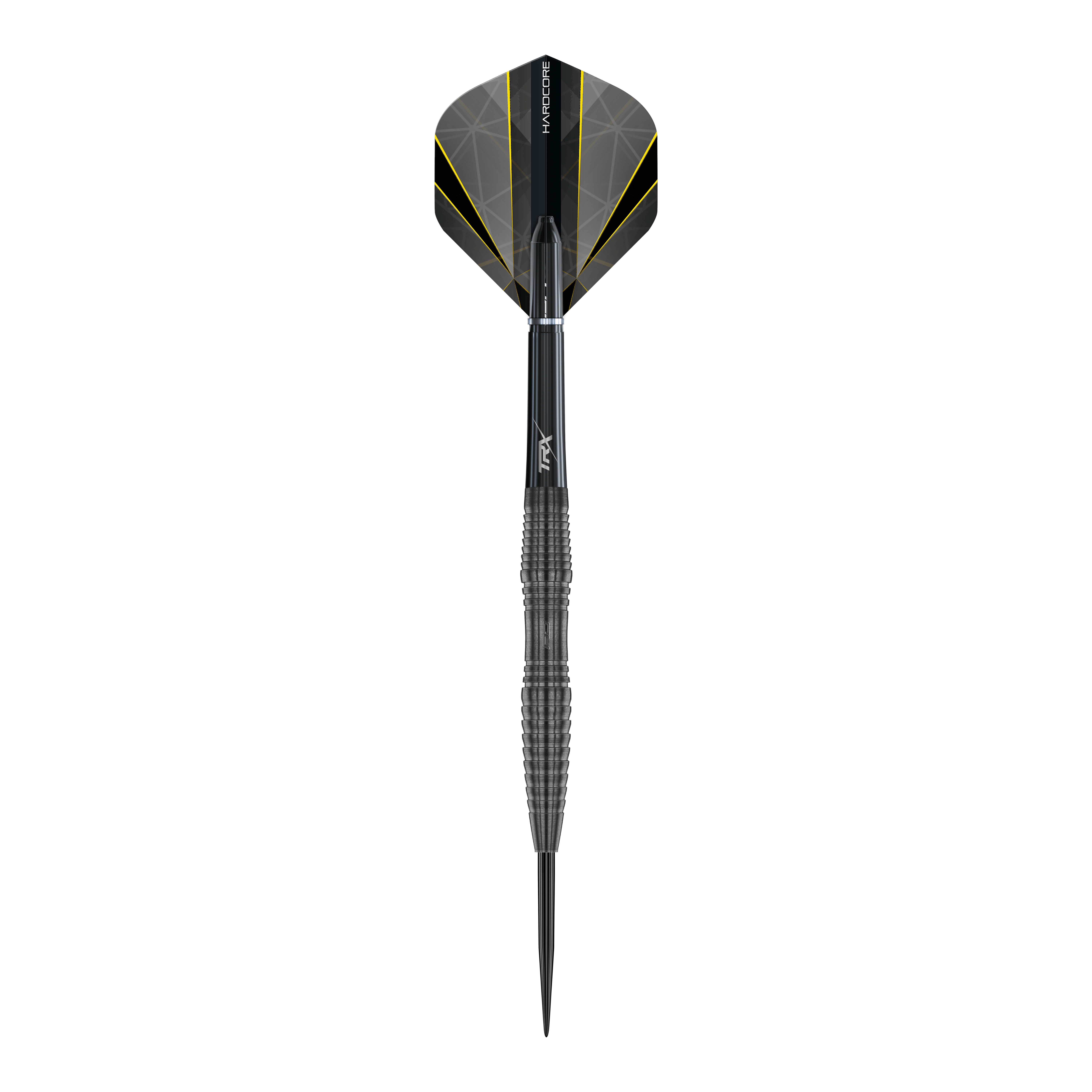 Red Dragon Seren 3 Dardos de Acero de Ónix Das Bild zeigt einen einzelnen Steeldart namens "Red Dragon Seren 3 Onyx". Der Dart ist hauptsächlich schwarz mit einem auffälligen Design und gelben Akzenten auf den Flights.