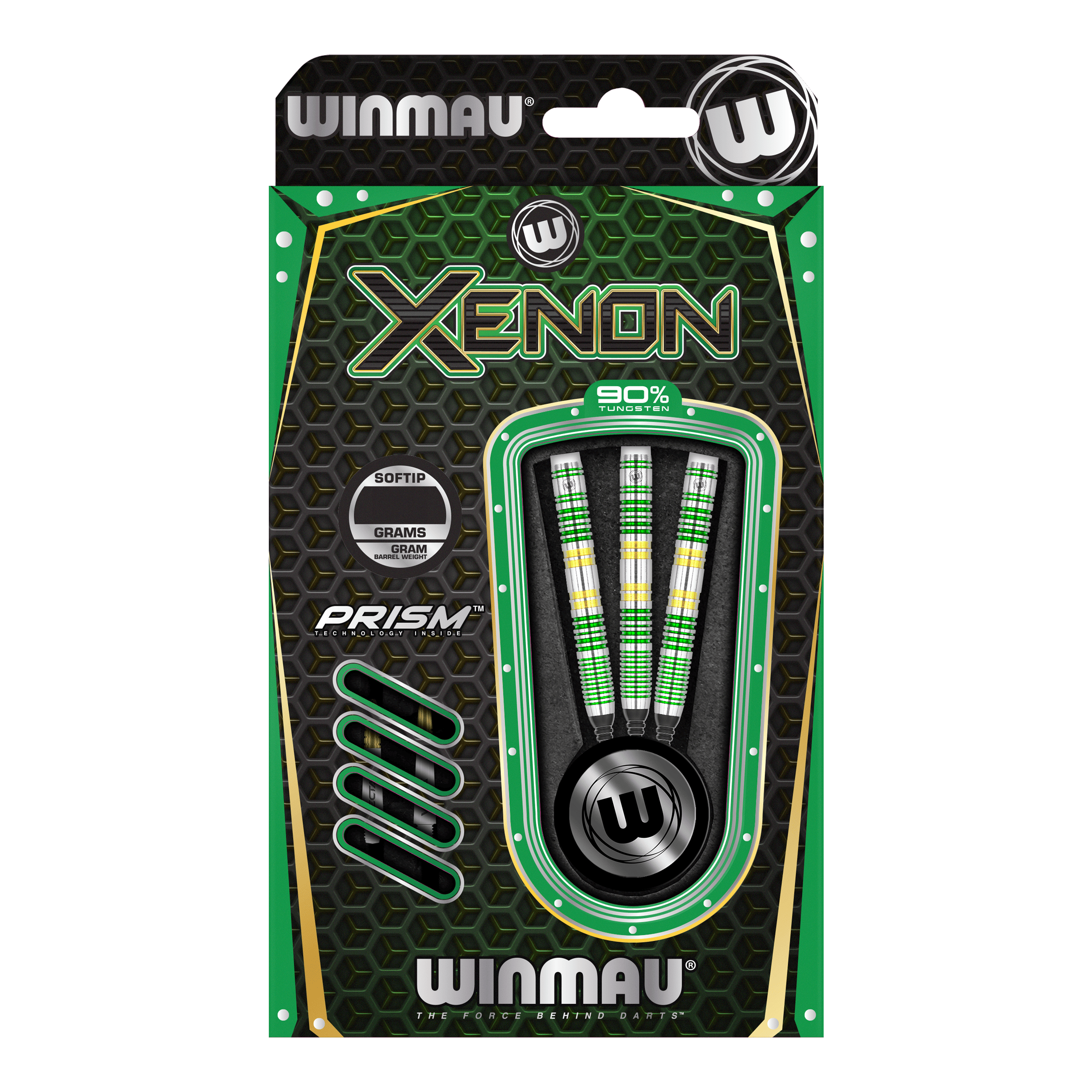 Dardos blandos Winmau Xenon - 20 g Das Bild zeigt eine Packung Winmau Xenon Softdarts mit einem Gewicht von 20g. Die Verpackung ist überwiegend schwarz und grün gestaltet und enthält drei Darts.
