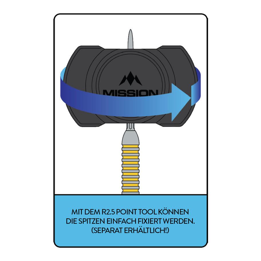 Herramienta de punción rápida Mission R2.5 Hier ist das Mission R2.5 Rapid Point Tool abgebildet. Es unterstützt den Spieler beim Wechseln der Dartspitzen.