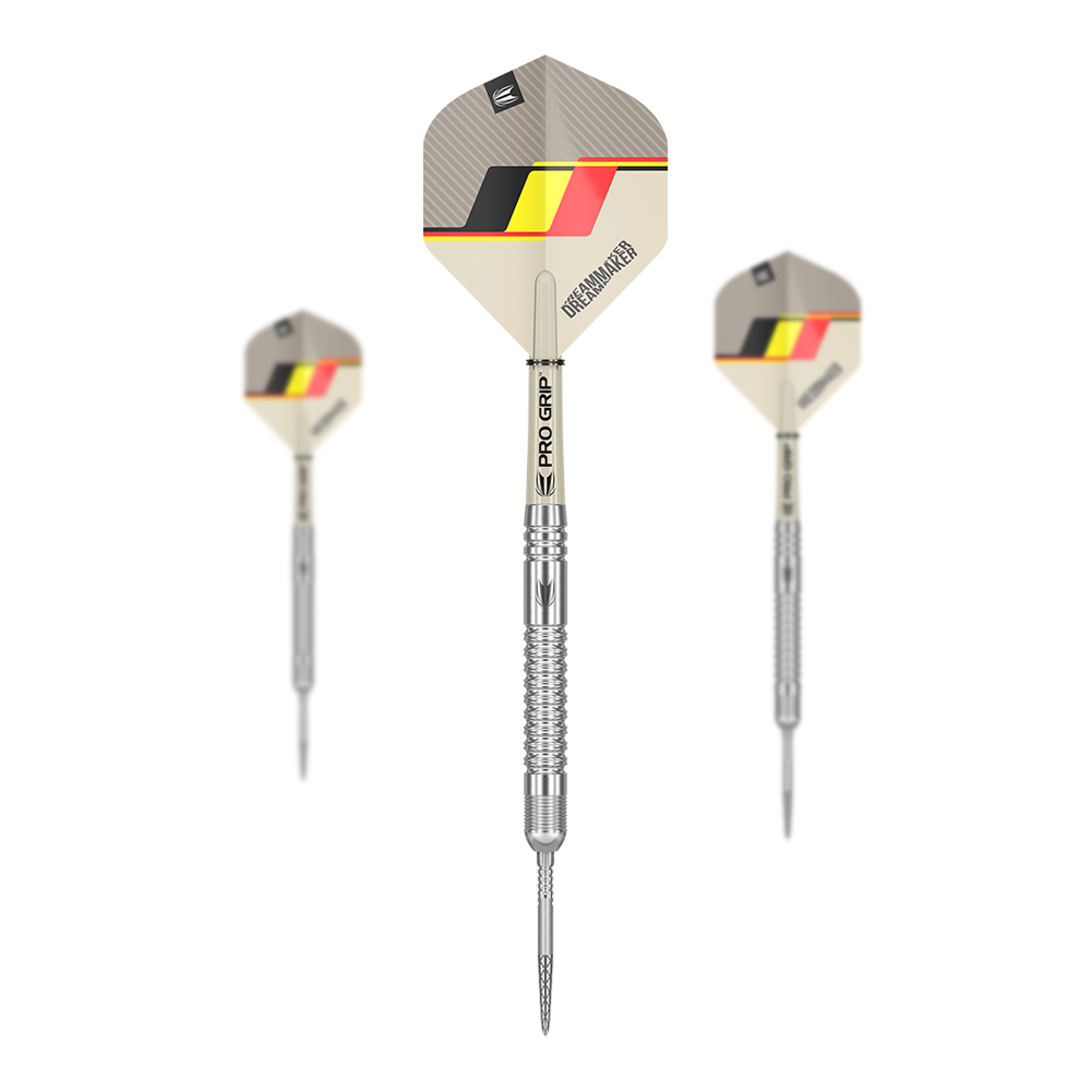 Dardos de acero Target Dimitri Van Den Bergh GEN2 Swiss Point Das Bild zeigt drei Steeldarts des Modells "Target Dimitri Van Den Bergh GEN2 Swiss Point". Die Darts haben silberne Spitzen und Schäfte sowie Flights mit einem schwarz-gelb-roten Design.