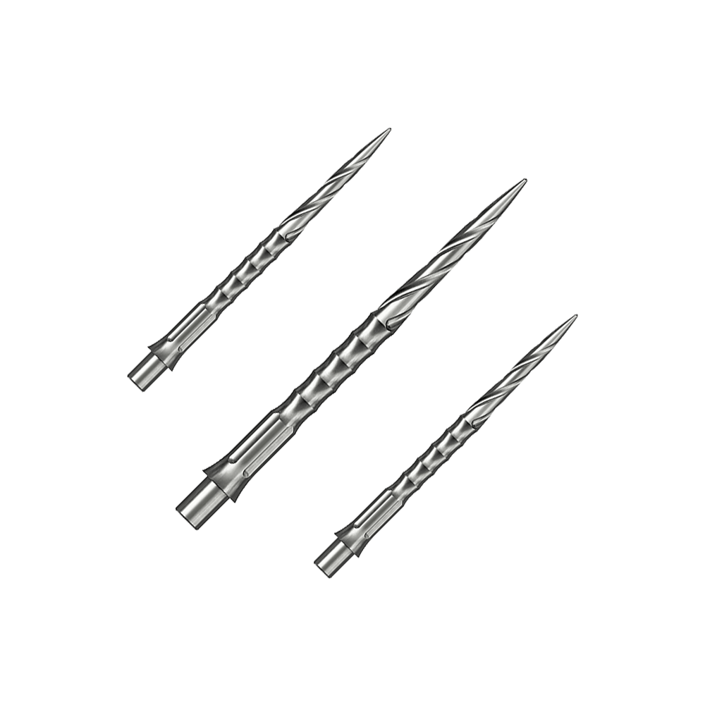Puntas de dardos de acero Caliburn System - Spiro - NoLip - plateadas Das Bild zeigt ein Set aus silbernen Steeldartspitzen. Diese Spitzen sind 32 mm lang und haben ein Spiro NoLip Design.
