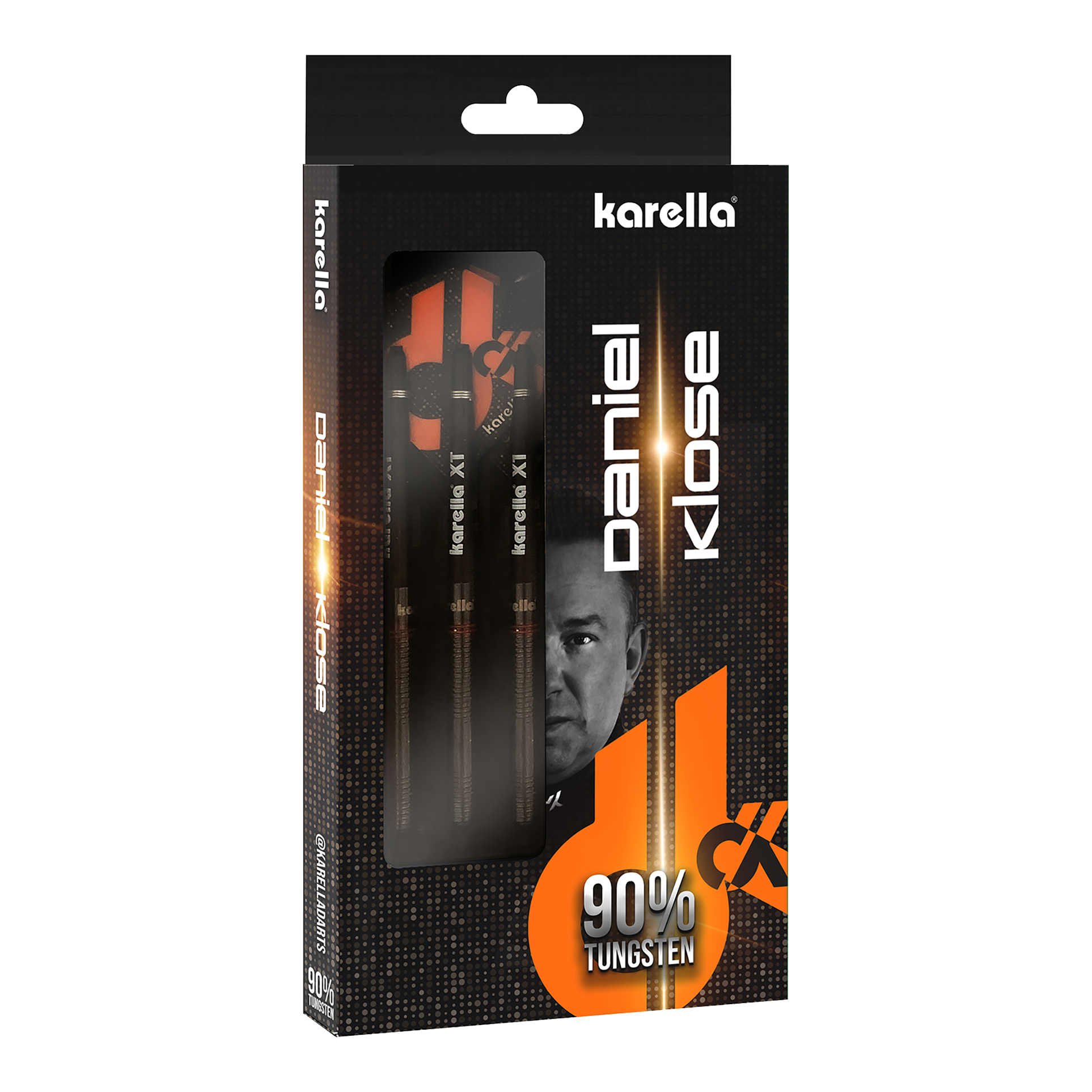 Dardos de acero Karella Daniel Klose Die Verpackung zeigt die Karella Daniel Klose Steeldarts. Die Darts bestehen zu 90% aus Wolfram.