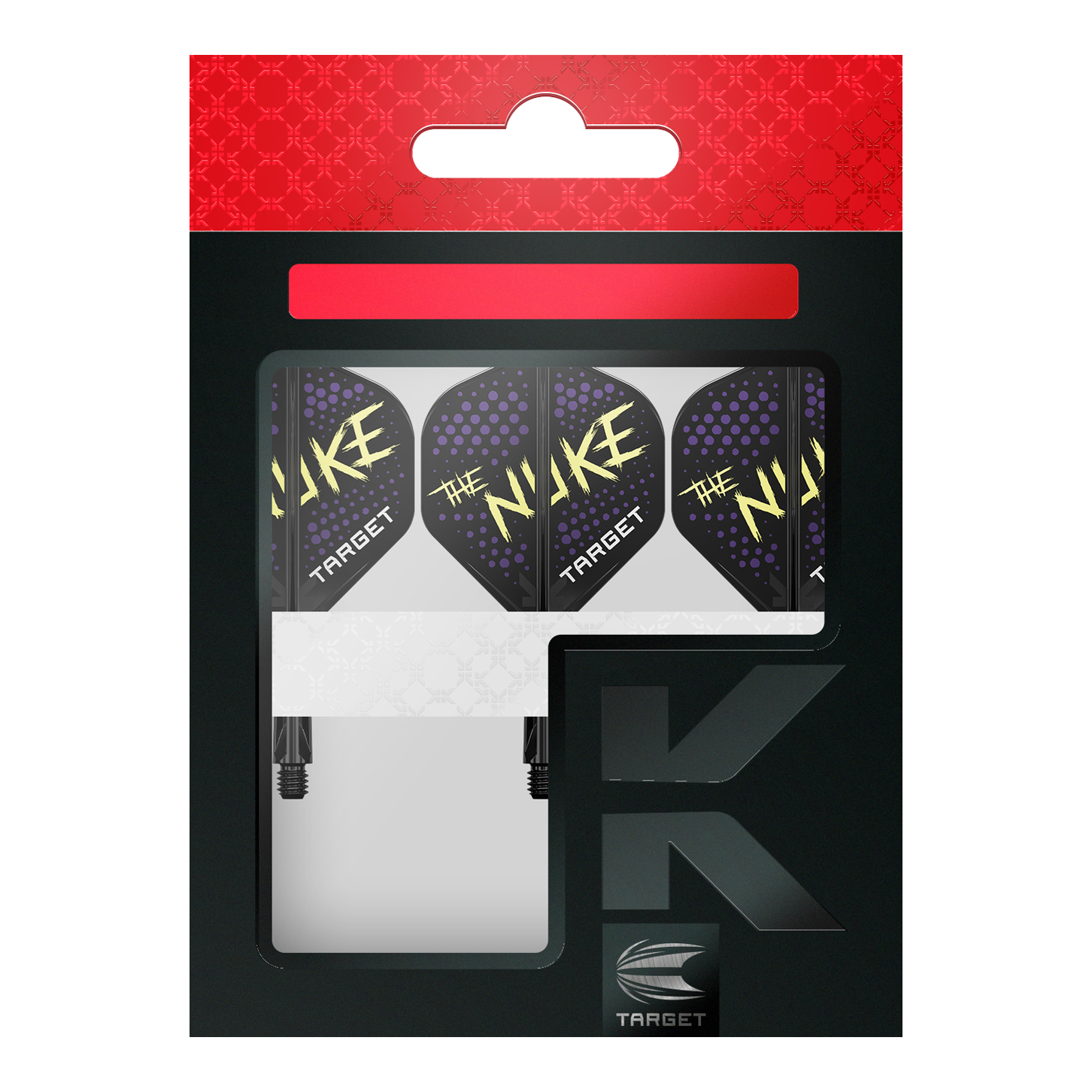 Sistema de vuelo estándar Target K-Flex Luke Littler Black No2 Auf dem Bild ist eine Packung mit Dartflights der Marke Target zu sehen. Die Flights sind schwarz mit lilafarbenen Punkten und dem gelben Schriftzug "The Nuke".