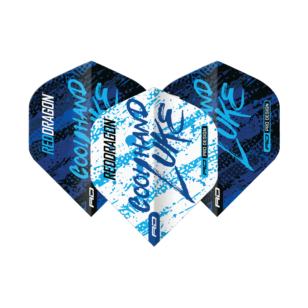 Vuelos estándar Red Dragon Luke Humphries, campeón mundial, azul, blanco y Yin Yang Das Bild zeigt drei Dart-Flights mit dem Design "Red Dragon Luke Humphries World Champion Blue White Yin Yang". Die Flights sind in Blau, Weiß und Schwarz gehalten und tragen die Aufschrift "Cool Hand Luke".