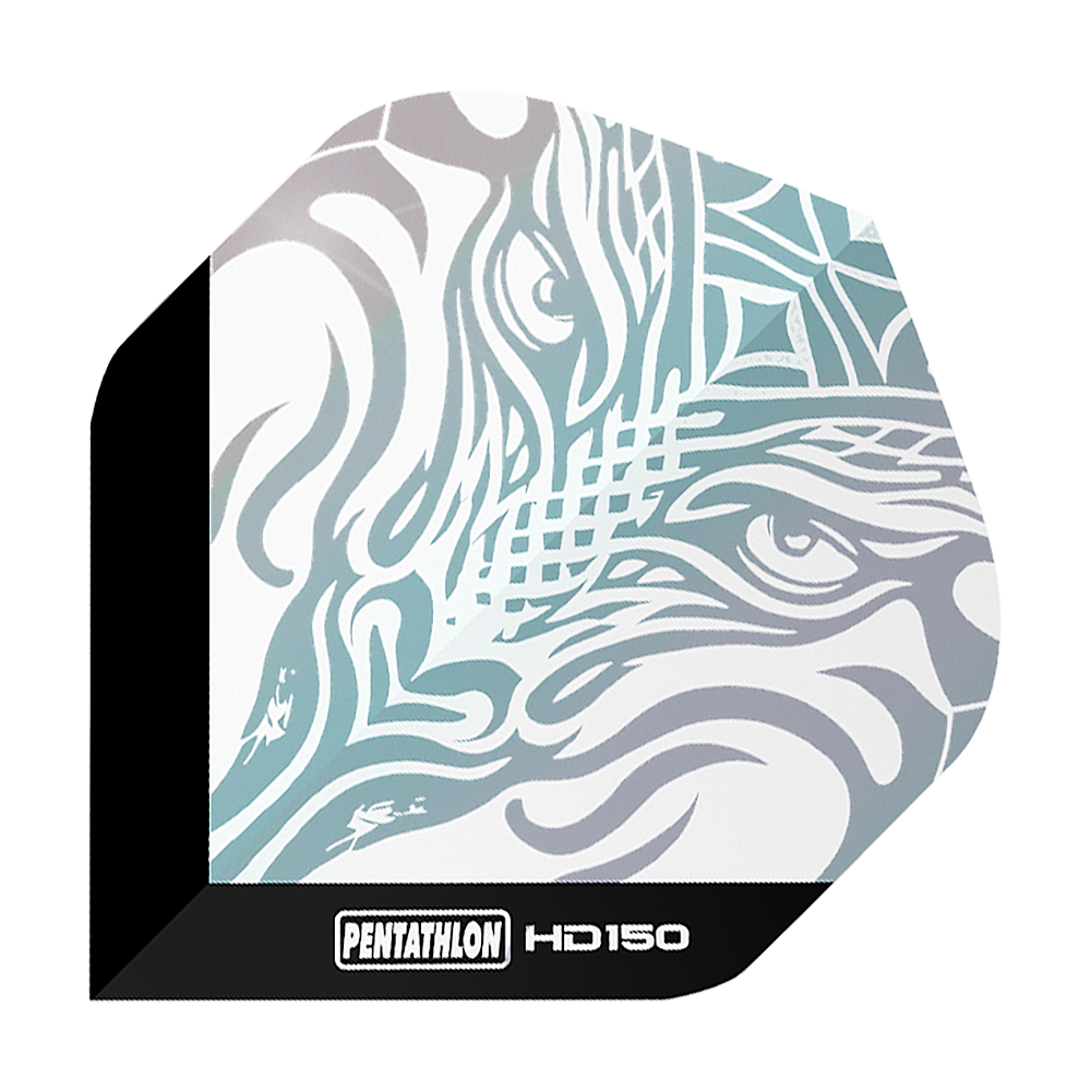 Plumas estándar transparentes metálicas Pentathlon HD150 Das Bild zeigt das Produkt "Pentathlon HD150 Metallic Clear Standard Flights". Auf dem Flight ist ein stilisiertes, metallisch schimmerndes Muster zu sehen, das an ein Tiergesicht erinnert.