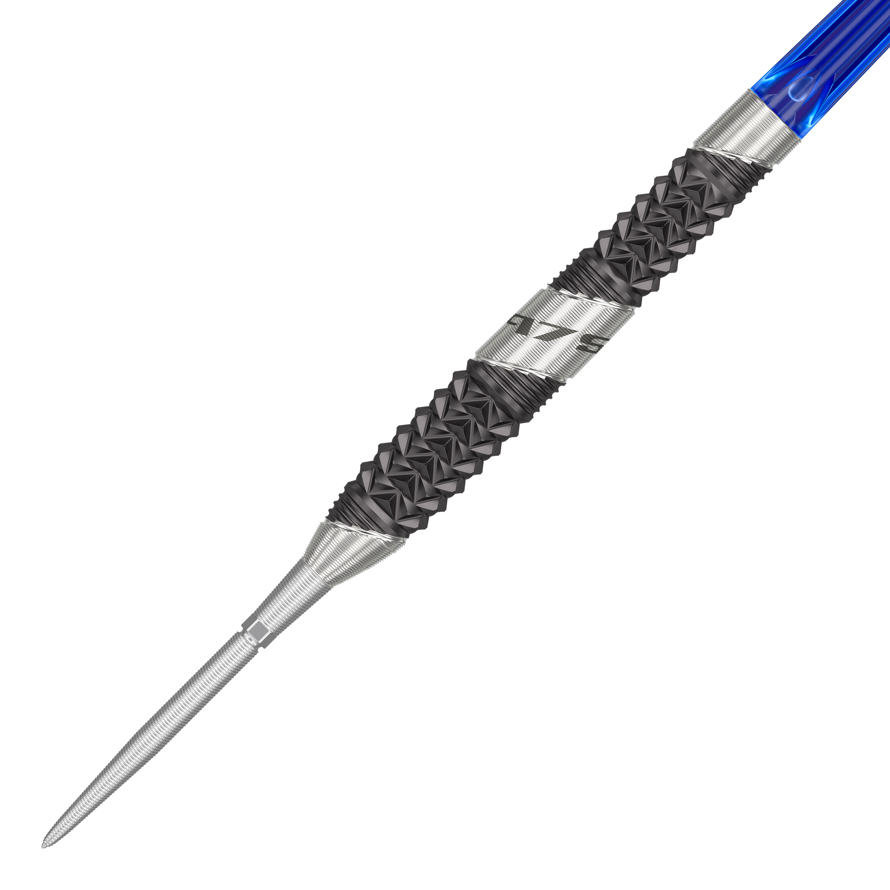 Dardos de acero Target 975 Ultra Marine 02 Swiss Point Das Bild zeigt einen Target 975 Ultra Marine 02 Swiss Point Steeldart. Der Dart hat eine silberne Spitze, einen schwarzen, strukturierten Griffbereich und einen blauen Schaft.