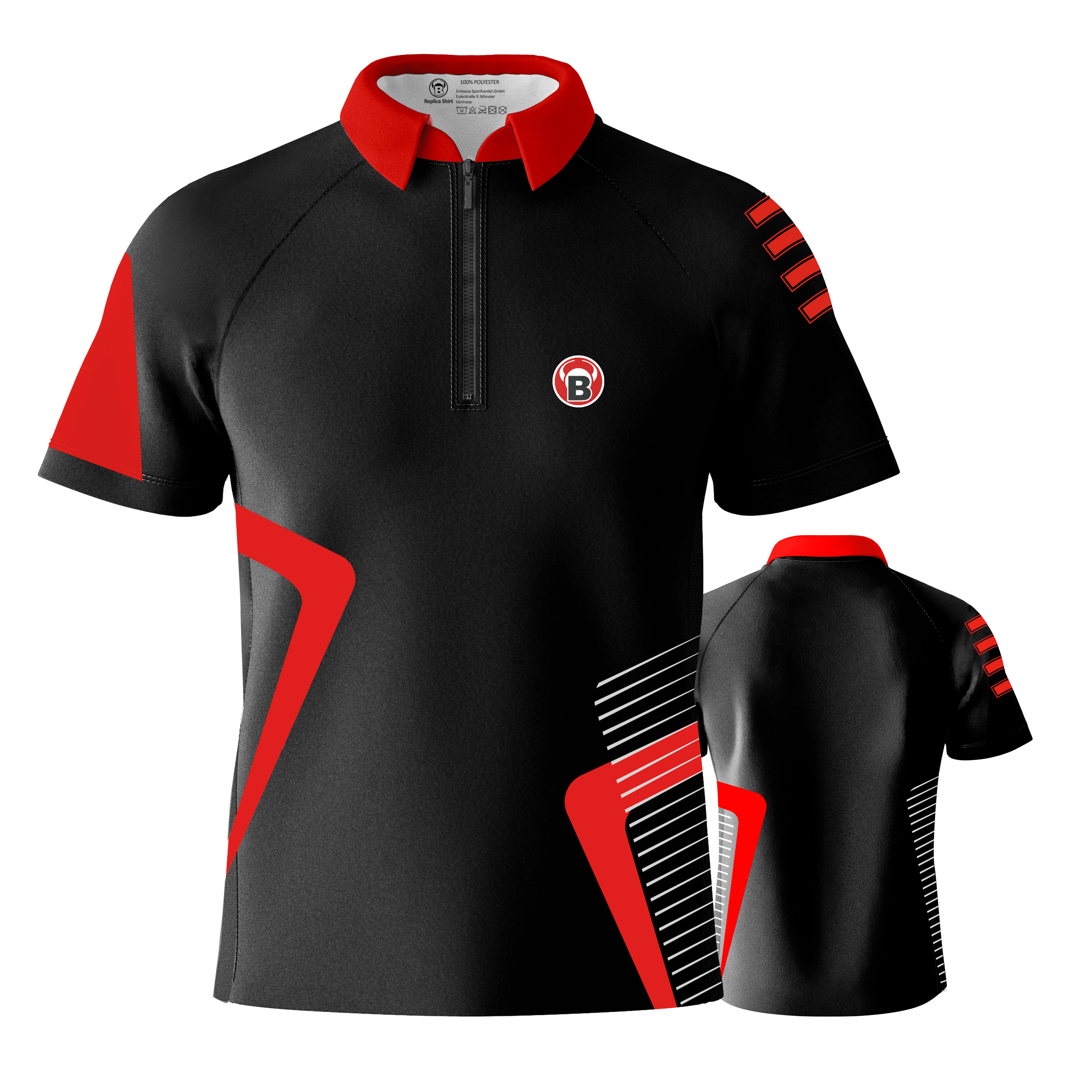 Camiseta de dardos del equipo Bulls - Roja Das Bild zeigt ein schwarzes Dartshirt mit roten und weißen Akzenten. Das Shirt hat einen roten Kragen und das Bulls-Logo auf der Vorderseite.