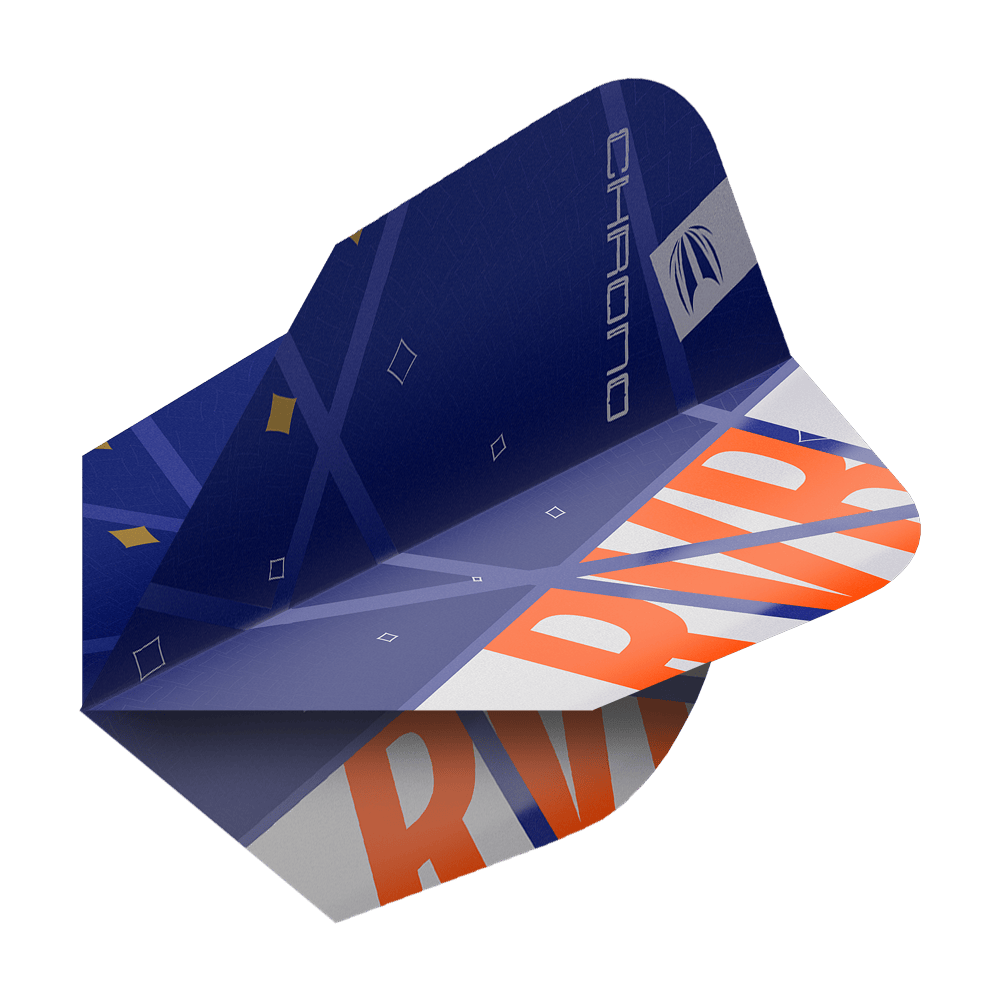 Target Pro Ultra Raymond Van Barneveld Chrono Ten-X Standard Flights - 3 juegos Das Bild zeigt ein Dart-Flight aus der Serie "Target Pro Ultra Raymond Van Barneveld Chrono Ten-X Standard". Das Flight ist hauptsächlich blau mit orangefarbenen und weißen Akzenten sowie dem Schriftzug "RV" und "CHRONO".