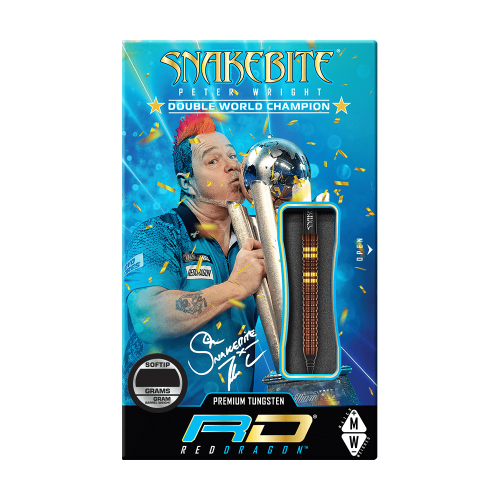RD2570_Red_Dragon_Peter_Wright_Copper_Fusion_Softdarts_3 Die Verpackung zeigt die Red Dragon Peter Wright Copper Fusion Softdarts mit 20 Gramm Gewicht. Auf der Vorderseite ist ein Bild von Peter Wright mit Pokalen und der Aufschrift "Double World Champion" zu sehen.