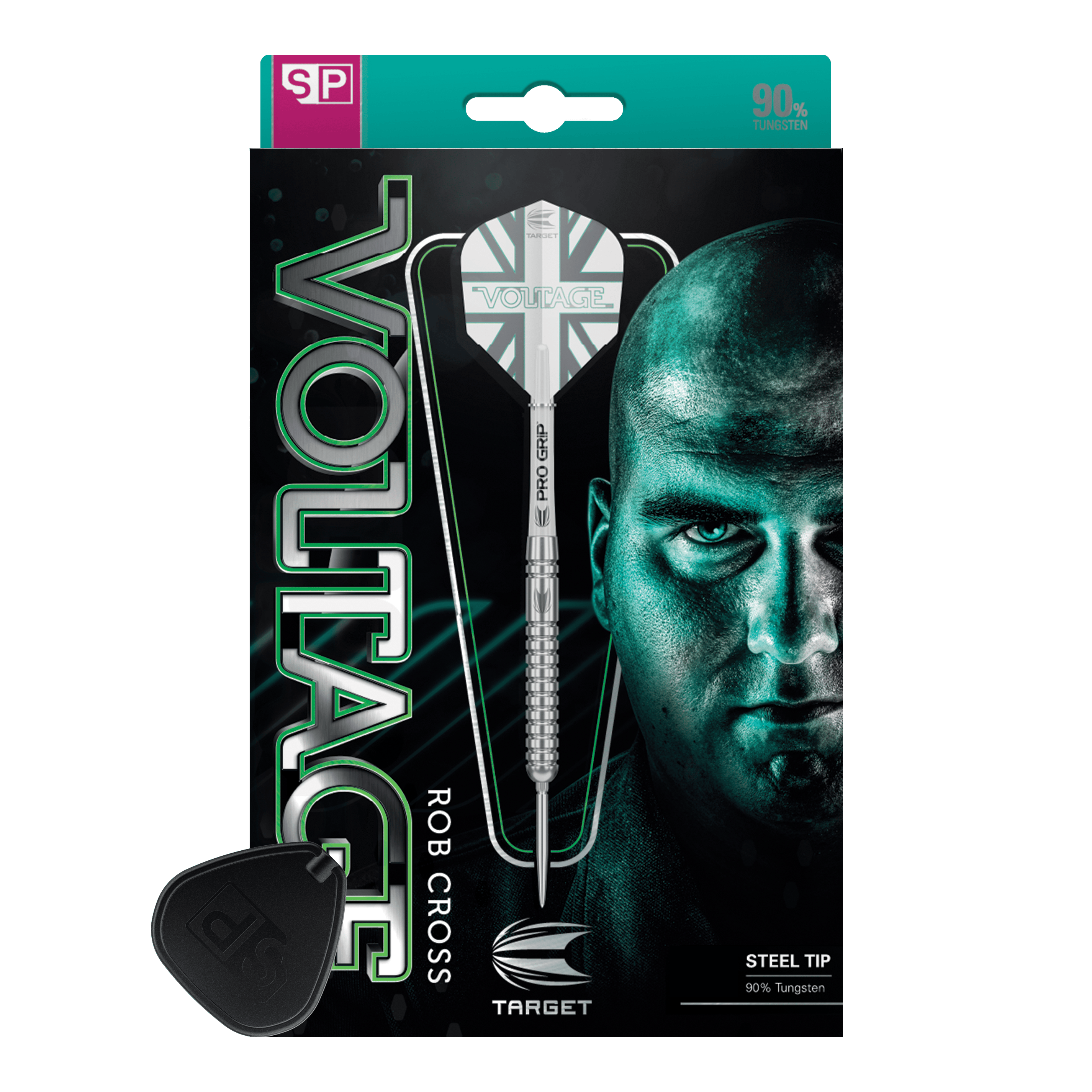 Dardos de acero Target Rob Cross Voltage Swiss Point Das Bild zeigt die Verpackung der "Target Rob Cross Voltage Swiss Point Steeldarts". Auf der Verpackung sind ein Dartpfeil und das Gesicht eines Mannes prominent abgebildet.